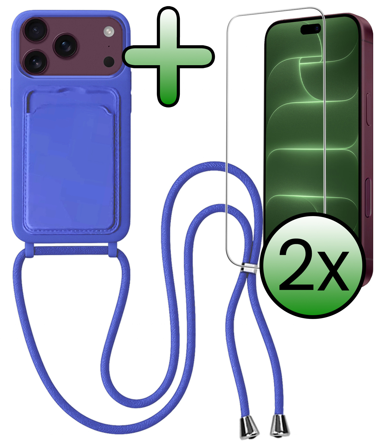 BASEY. BASEY. iPhone 18 Pro Max Hoesje Pashouder met Koord Met 2x Screenprotector - Fel Blauw