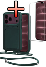 NoXx NoXx iPhone 18 Pro Hoesje Pashouder met Koord Met Screenprotector - Donkergroen