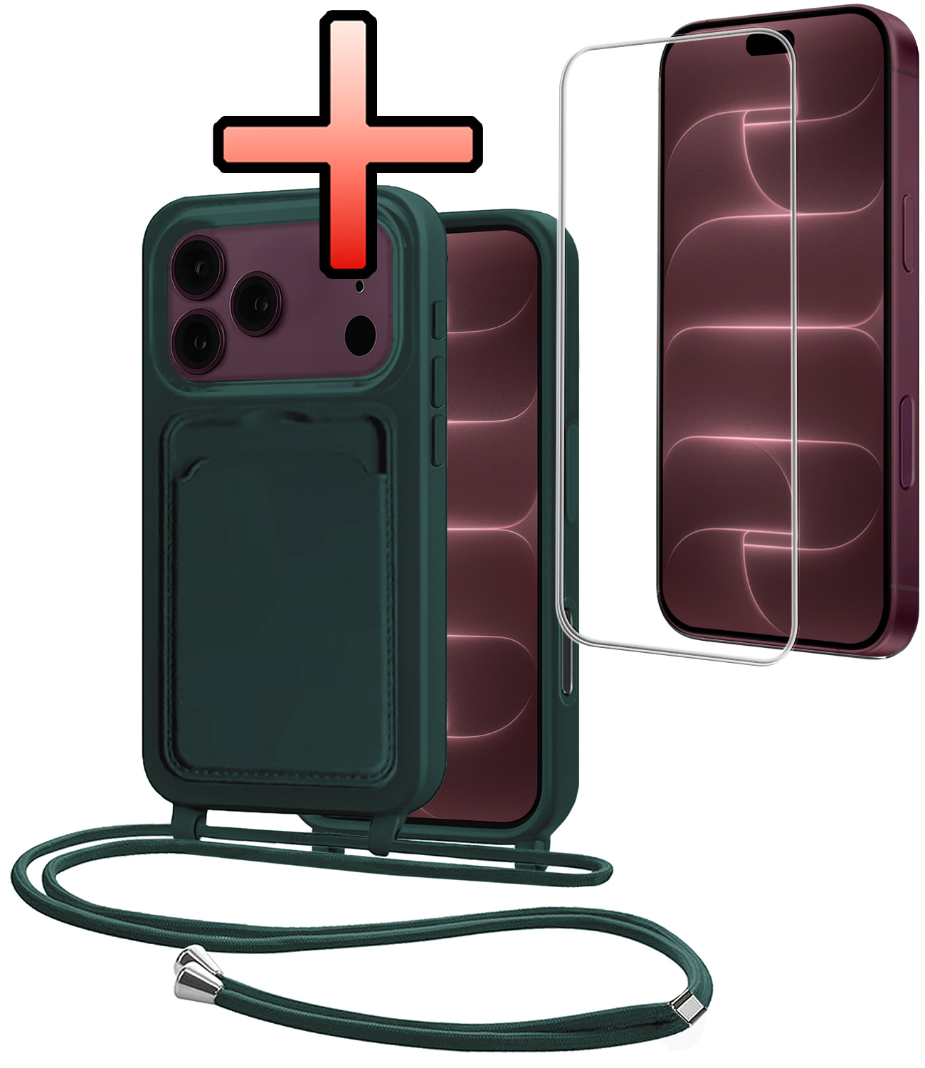 NoXx NoXx iPhone 18 Pro Hoesje Pashouder met Koord Met Screenprotector - Donkergroen