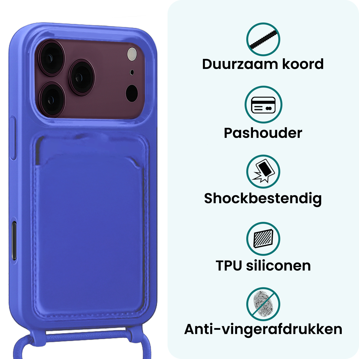 Forterra Forterra iPhone 18 Pro Hoesje Pashouder met Koord Met Screenprotector - Fel Blauw
