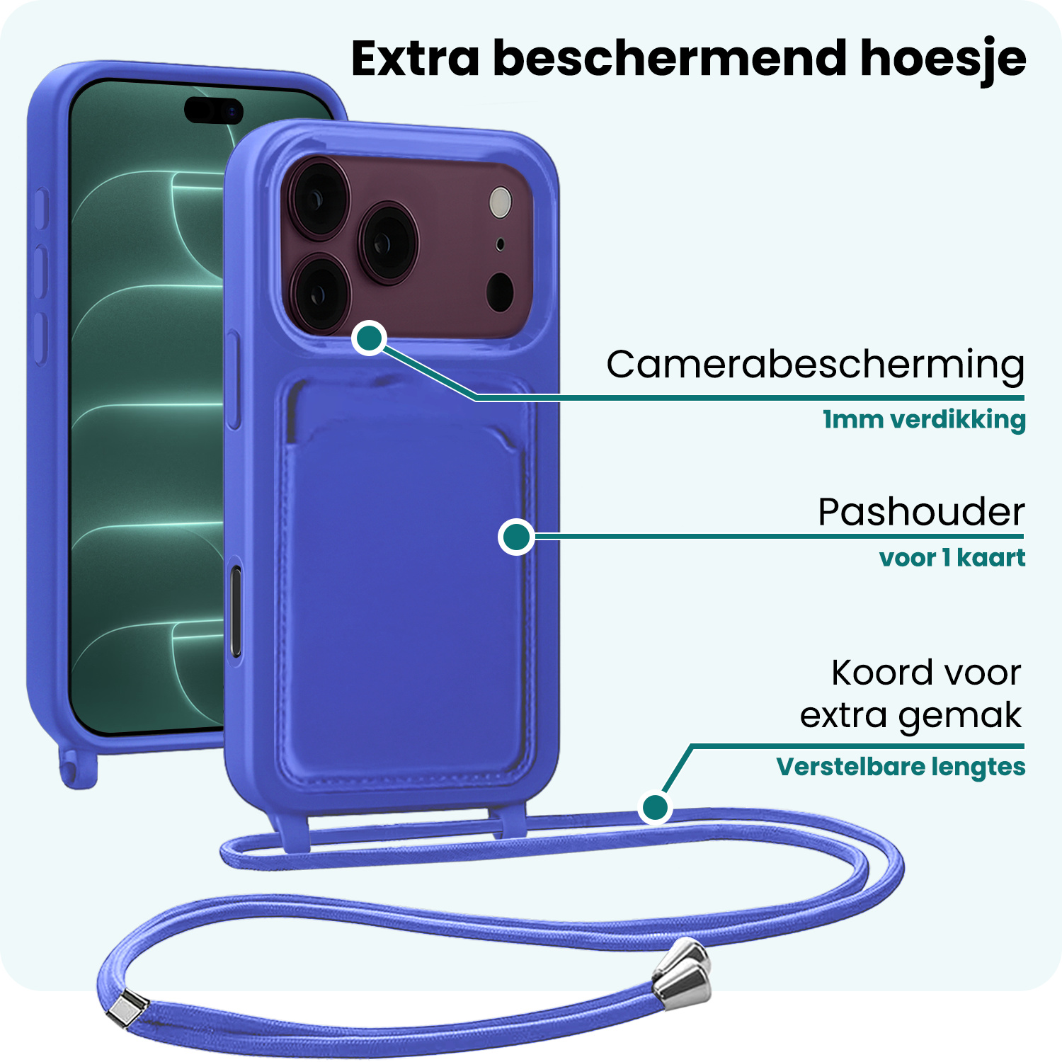 Forterra Forterra iPhone 18 Pro Hoesje Pashouder met Koord Met Screenprotector - Fel Blauw