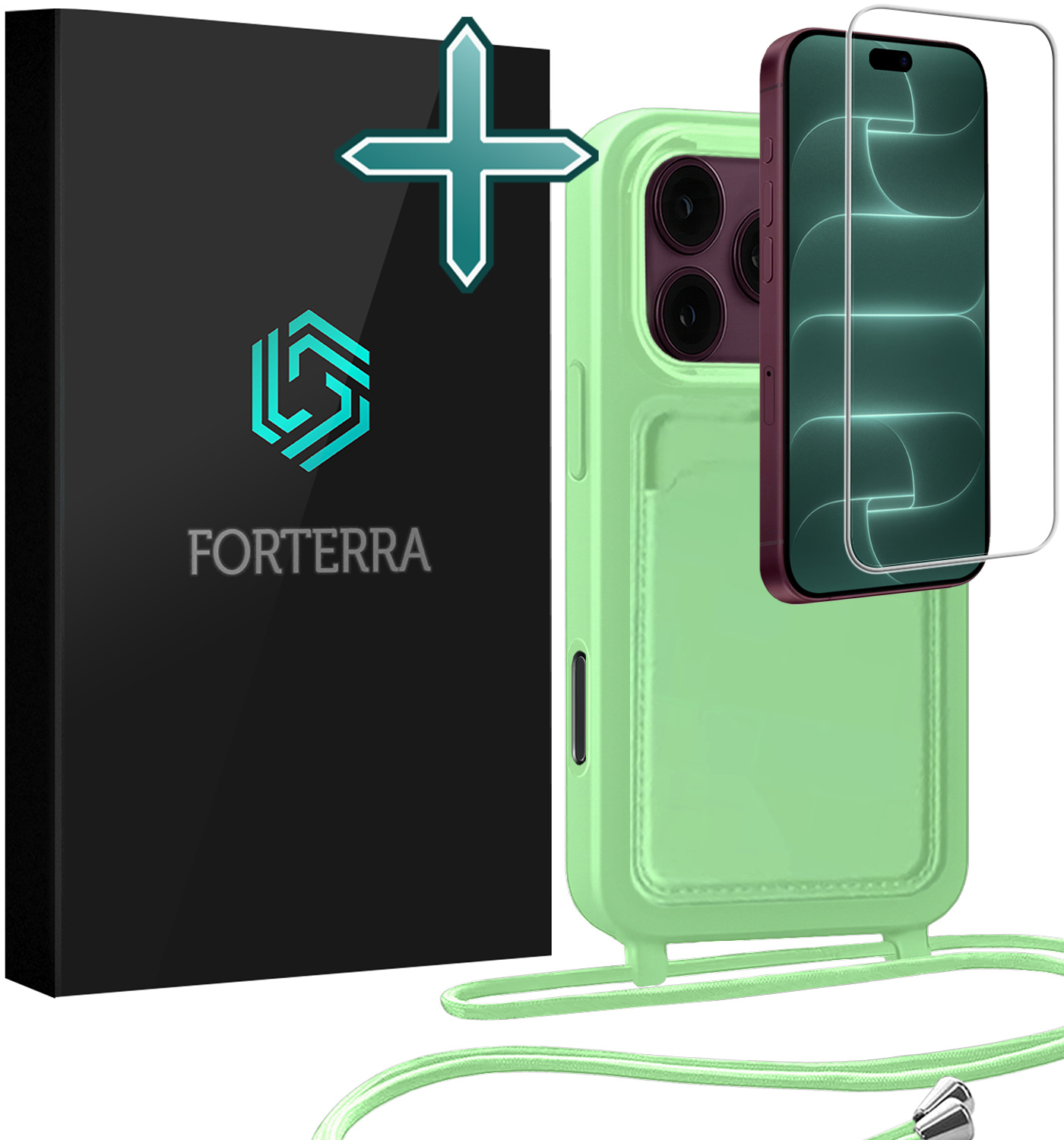 Forterra Forterra iPhone 18 Pro Hoesje Pashouder met Koord Met Screenprotector - Groen