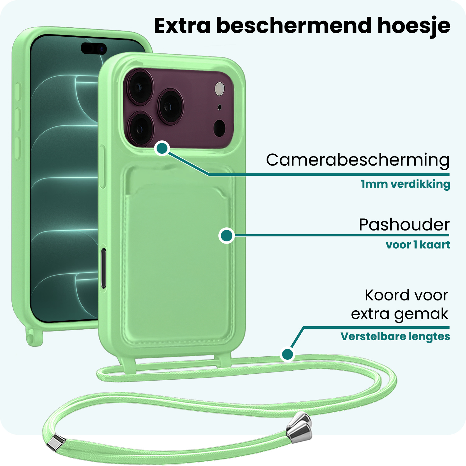 Forterra Forterra iPhone 18 Pro Hoesje Pashouder met Koord Met Screenprotector - Groen