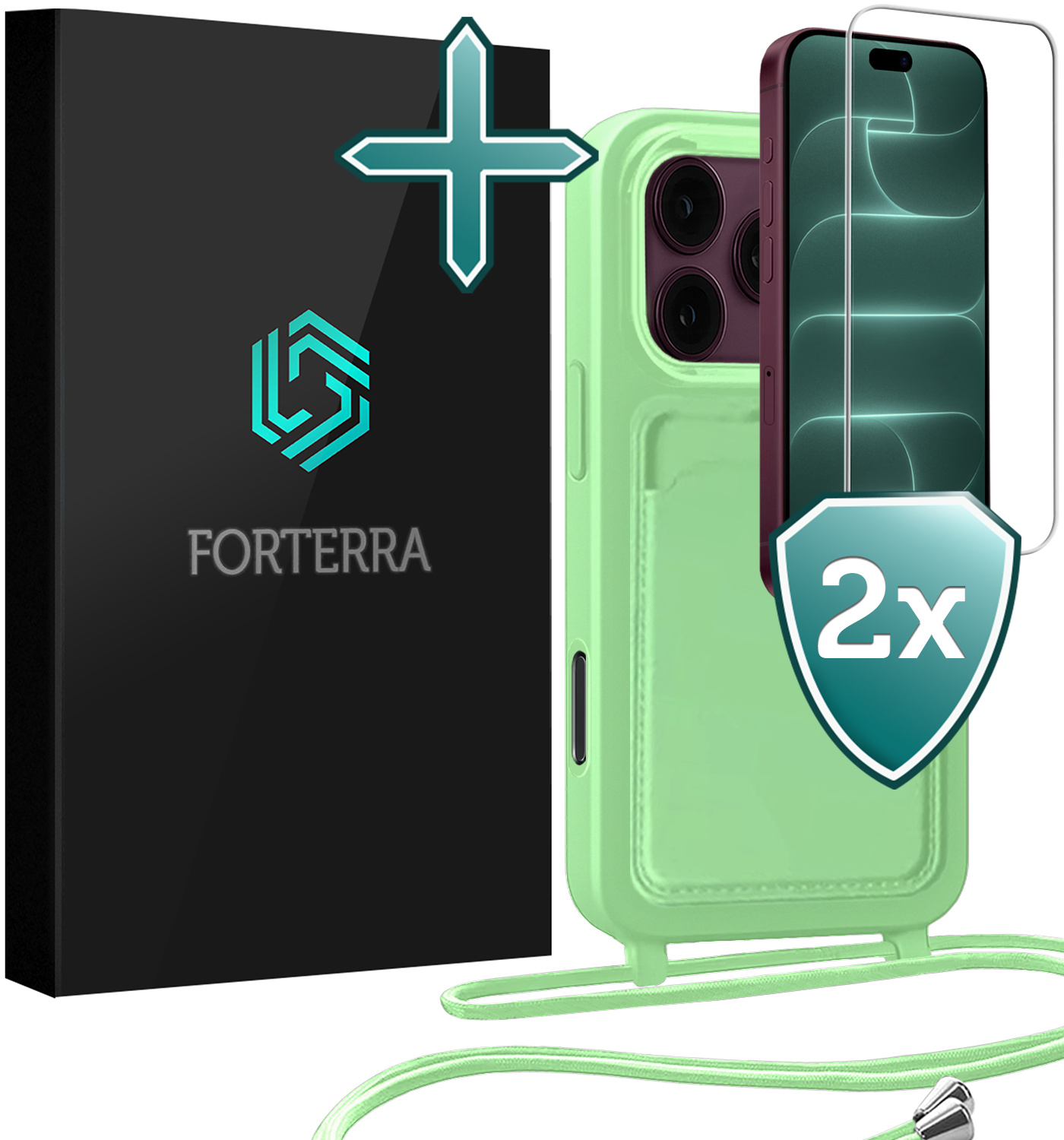 Forterra Forterra iPhone 18 Pro Hoesje Pashouder met Koord Met 2x Screenprotector - Groen