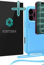 Forterra Forterra iPhone 18 Pro Hoesje Pashouder met Koord Met Screenprotector - Lichtblauw
