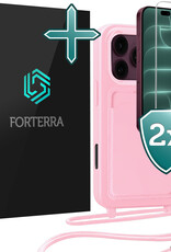 Forterra Forterra iPhone 18 Pro Hoesje Pashouder met Koord Met 2x Screenprotector - Lichtroze