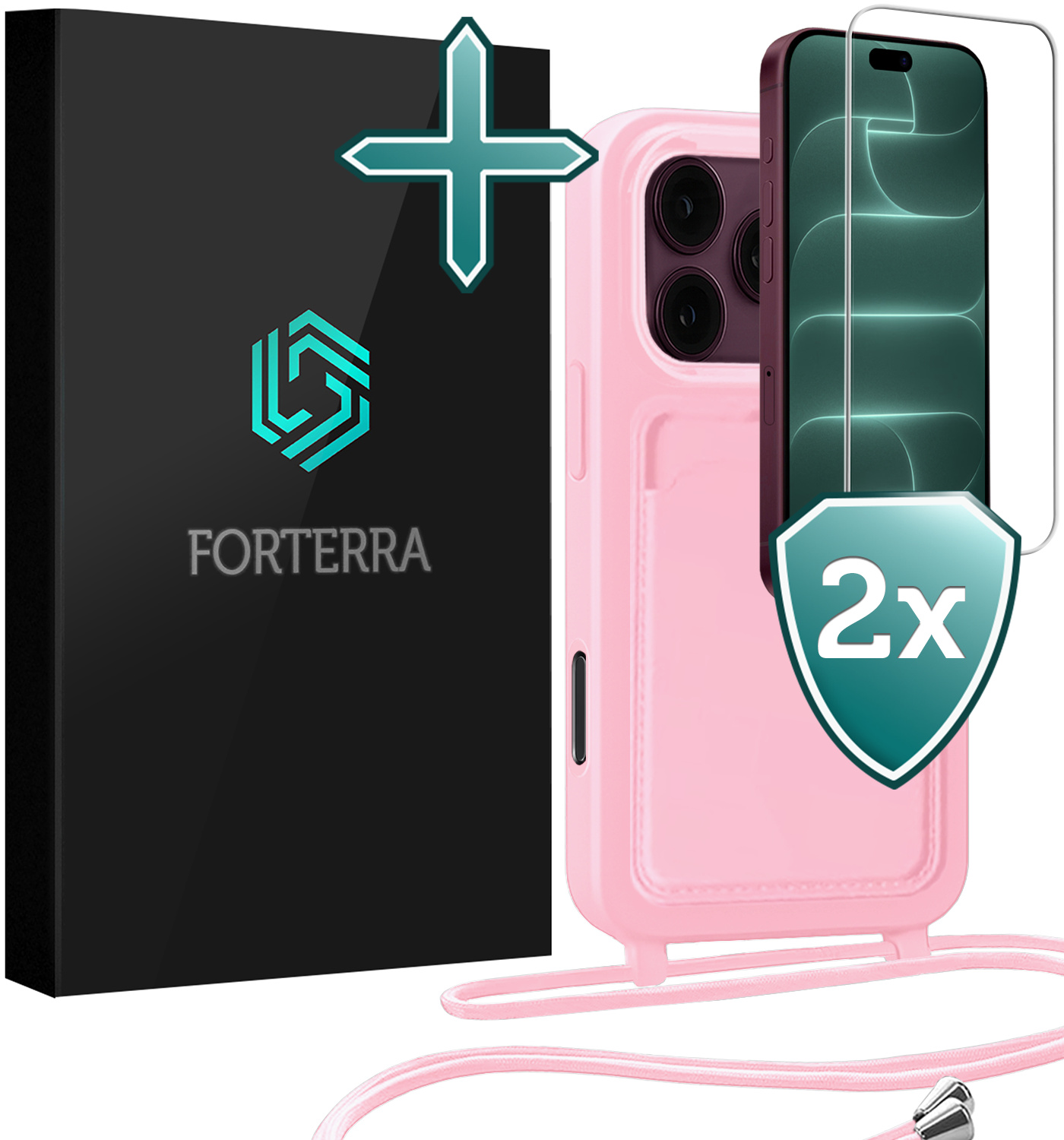 Forterra Forterra iPhone 18 Pro Hoesje Pashouder met Koord Met 2x Screenprotector - Lichtroze