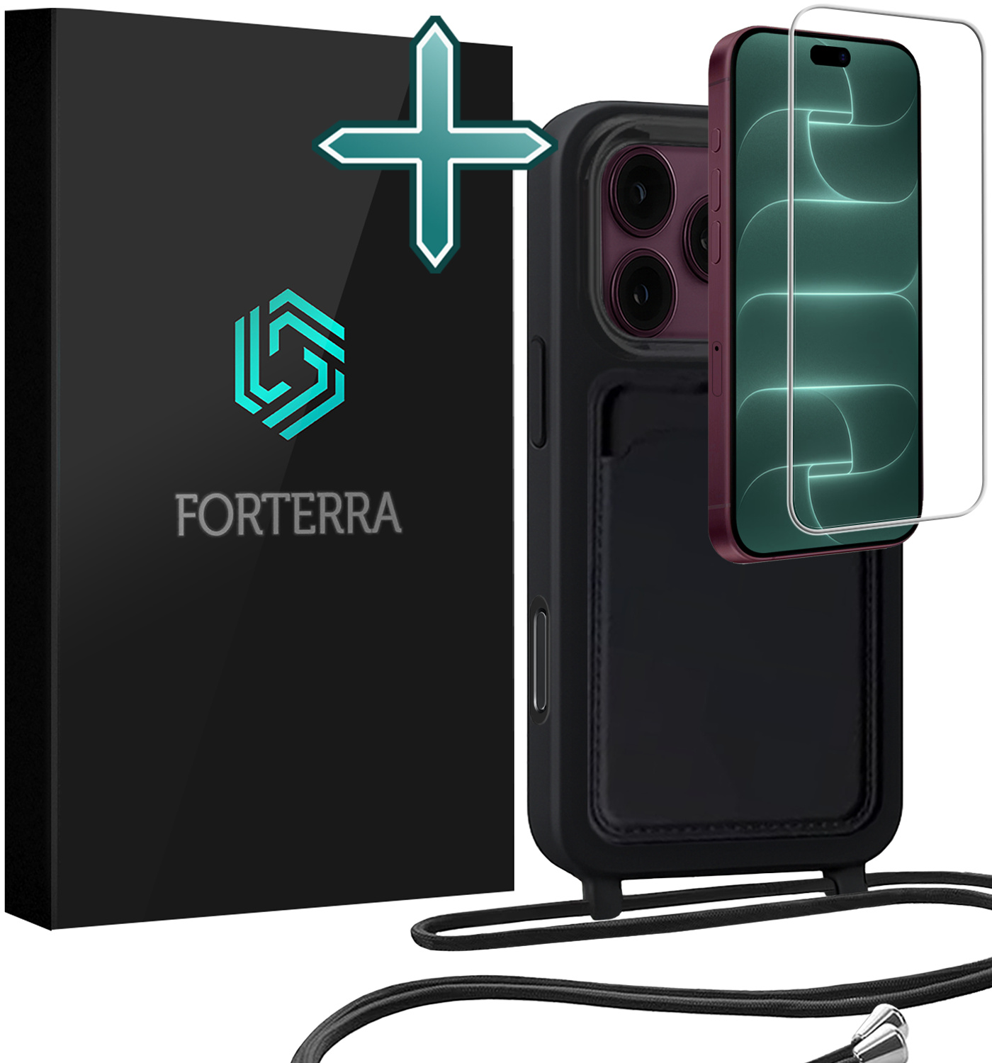 Forterra Forterra iPhone 18 Pro Hoesje Pashouder met Koord Met Screenprotector - Zwart