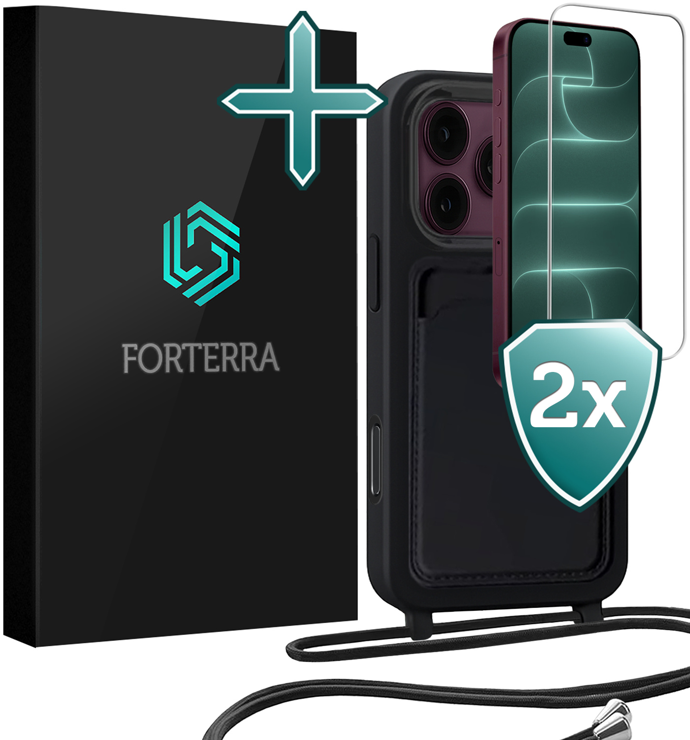 Forterra Forterra iPhone 18 Pro Hoesje Pashouder met Koord Met 2x Screenprotector - Zwart