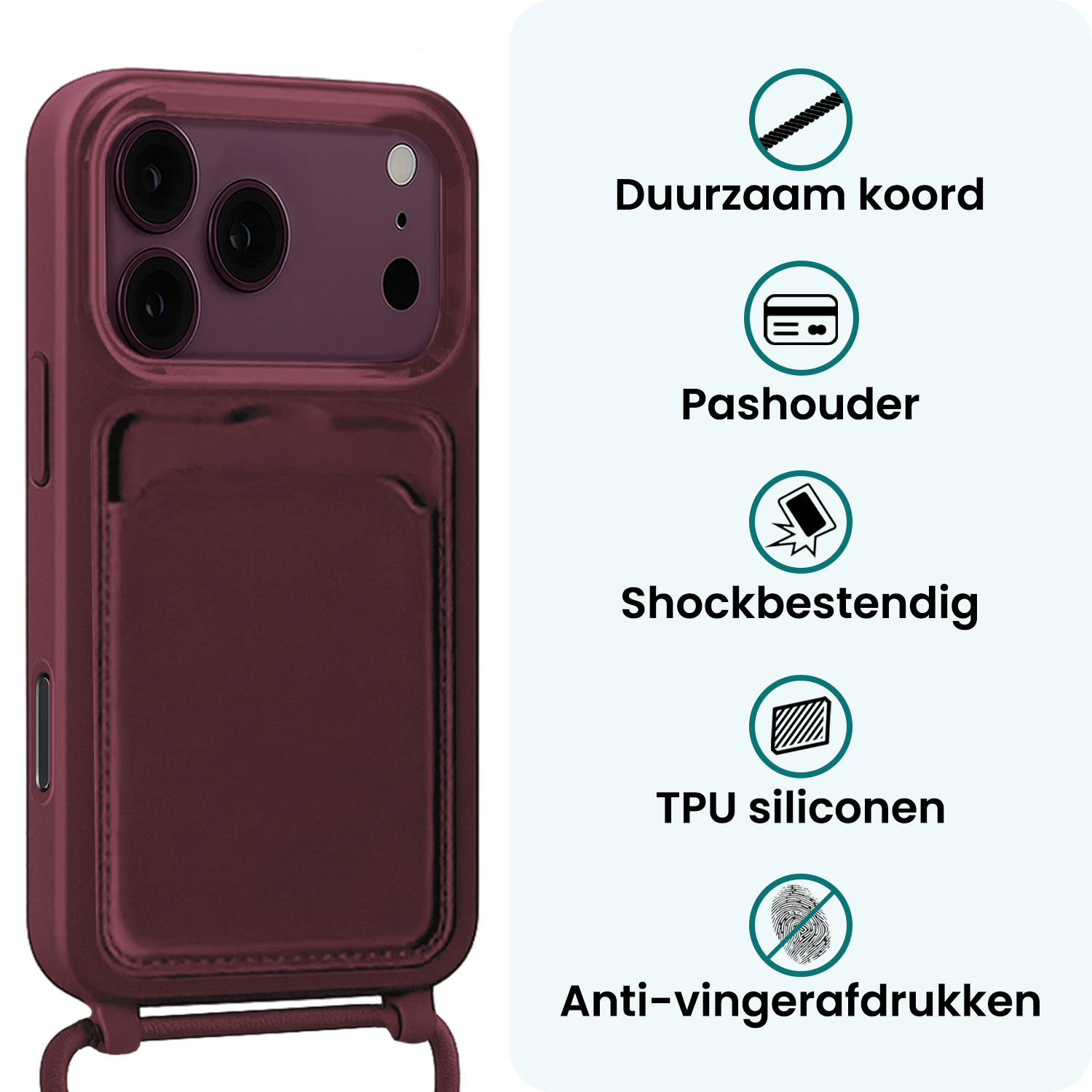 Forterra Forterra iPhone 18 Pro Max Hoesje Pashouder met Koord - Aubergine - 2 PACK