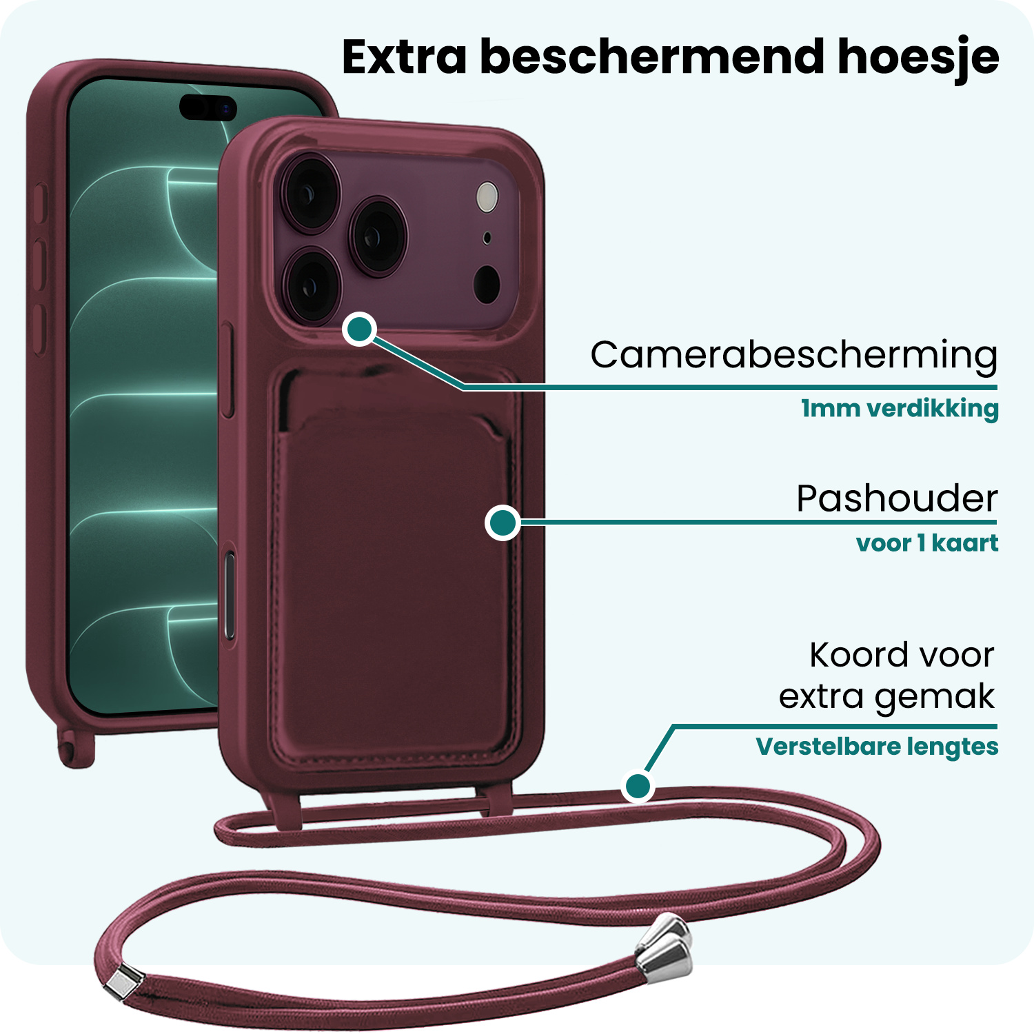 Forterra Forterra iPhone 18 Pro Max Hoesje Pashouder met Koord - Aubergine - 2 PACK