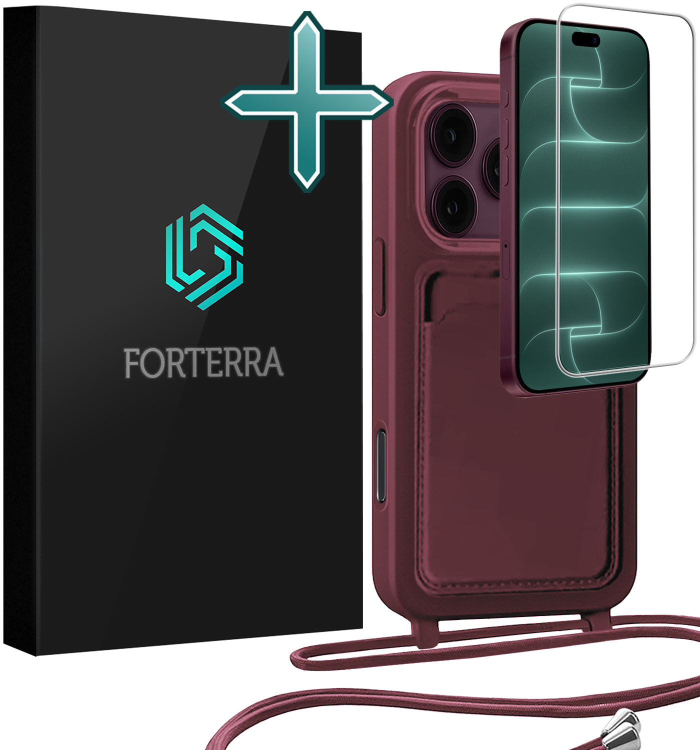Forterra Forterra iPhone 18 Pro Max Hoesje Pashouder met Koord Met Screenprotector - Aubergine