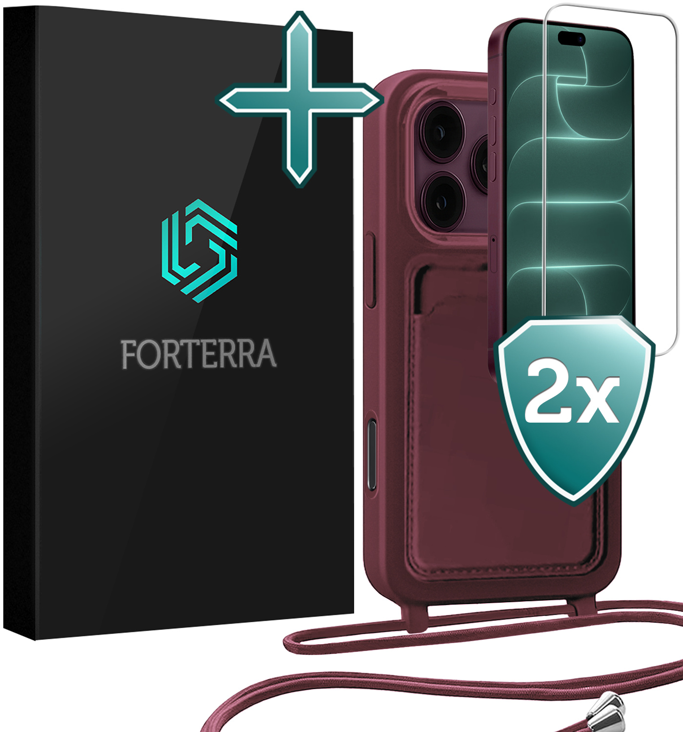 Forterra Forterra iPhone 18 Pro Max Hoesje Pashouder met Koord Met 2x Screenprotector - Aubergine