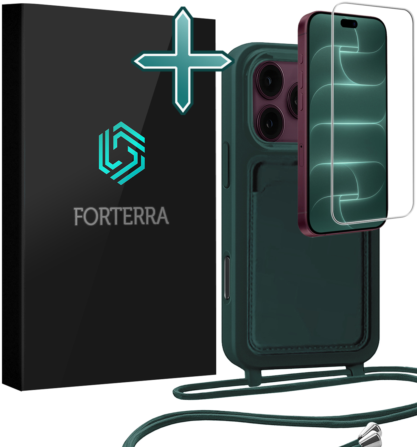 Forterra Forterra iPhone 18 Pro Max Hoesje Pashouder met Koord Met Screenprotector - Donkergroen