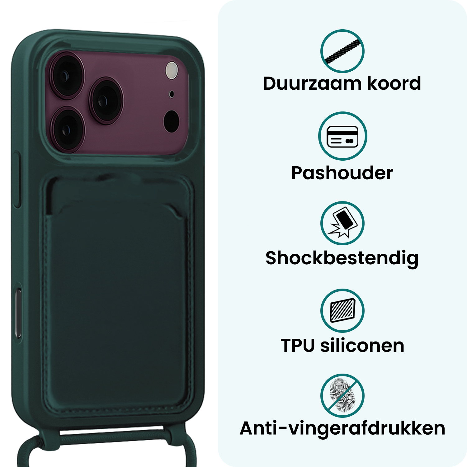 Forterra Forterra iPhone 18 Pro Max Hoesje Pashouder met Koord Met Screenprotector - Donkergroen