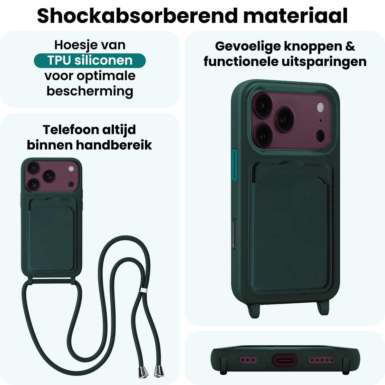 Forterra Forterra iPhone 18 Pro Max Hoesje Pashouder met Koord Met Screenprotector - Donkergroen