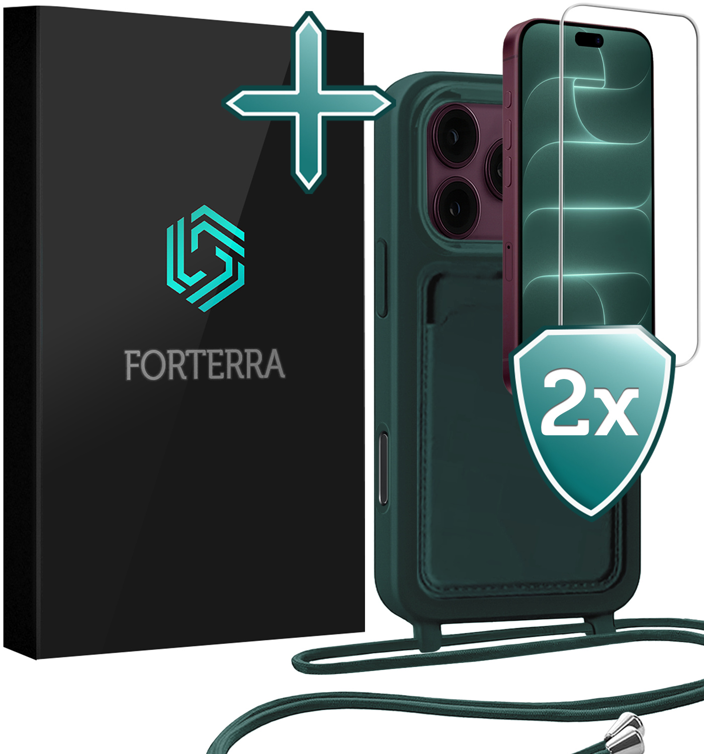 Forterra Forterra iPhone 18 Pro Max Hoesje Pashouder met Koord Met 2x Screenprotector - Donkergroen