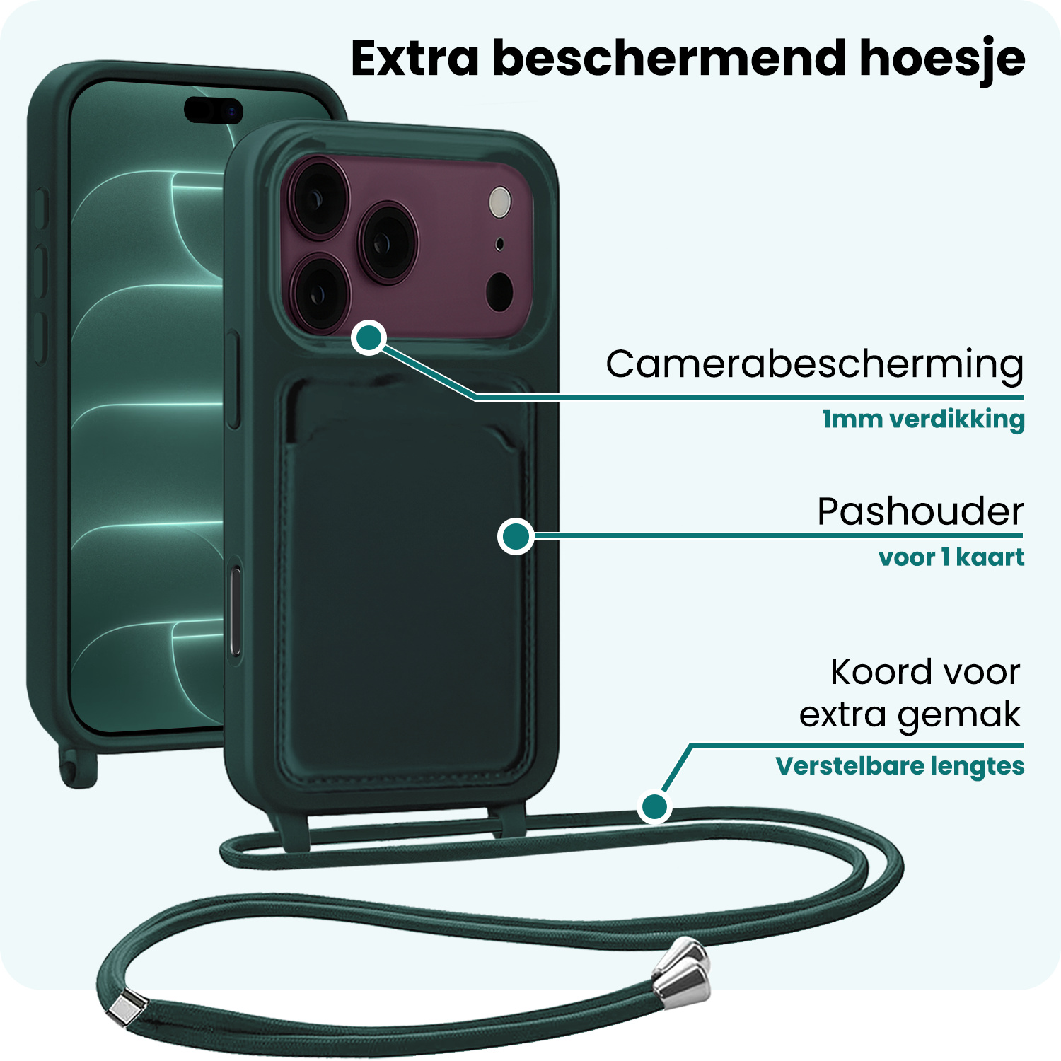 Forterra Forterra iPhone 18 Pro Max Hoesje Pashouder met Koord Met 2x Screenprotector - Donkergroen
