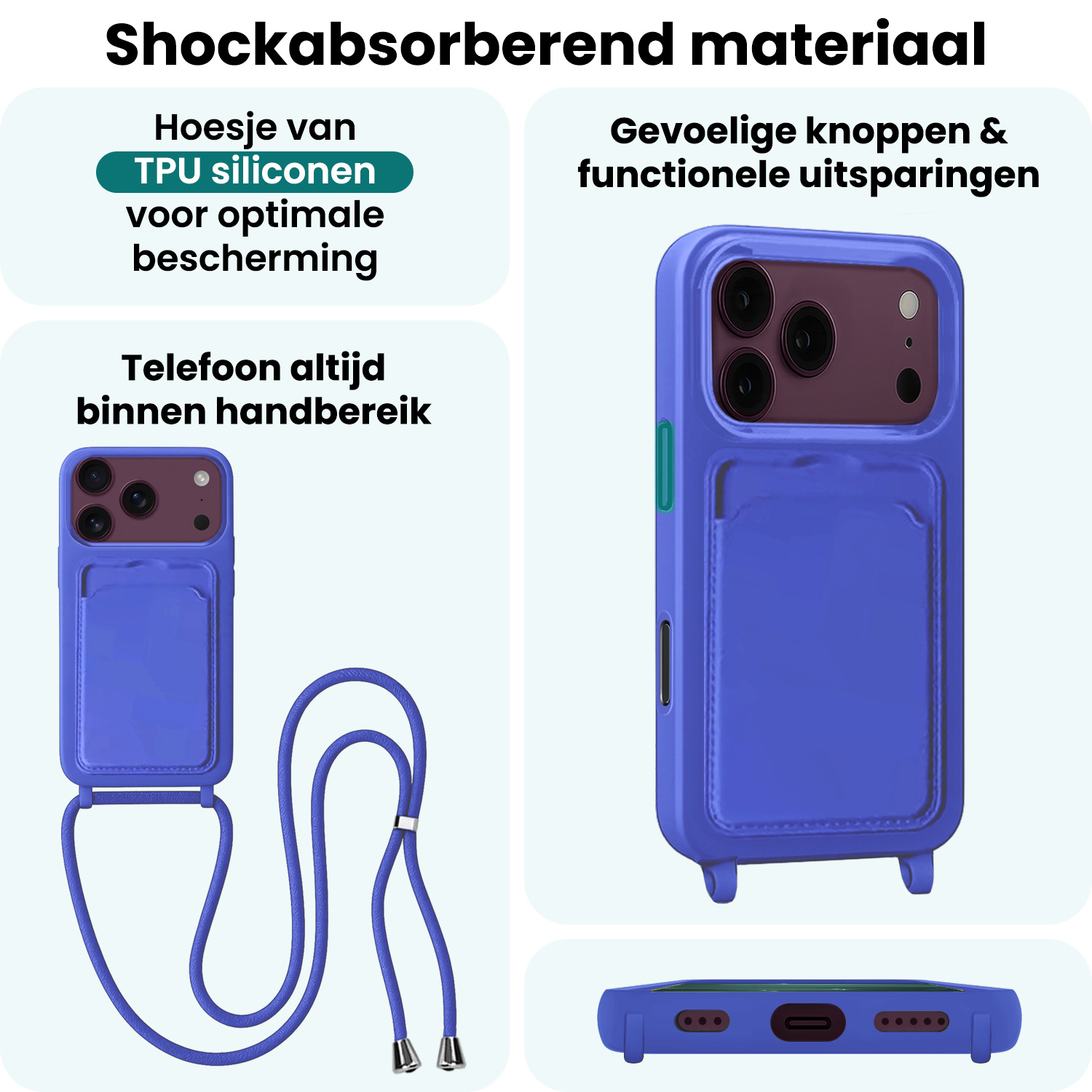 Forterra Forterra iPhone 18 Pro Max Hoesje Pashouder met Koord - Fel Blauw - 2 PACK