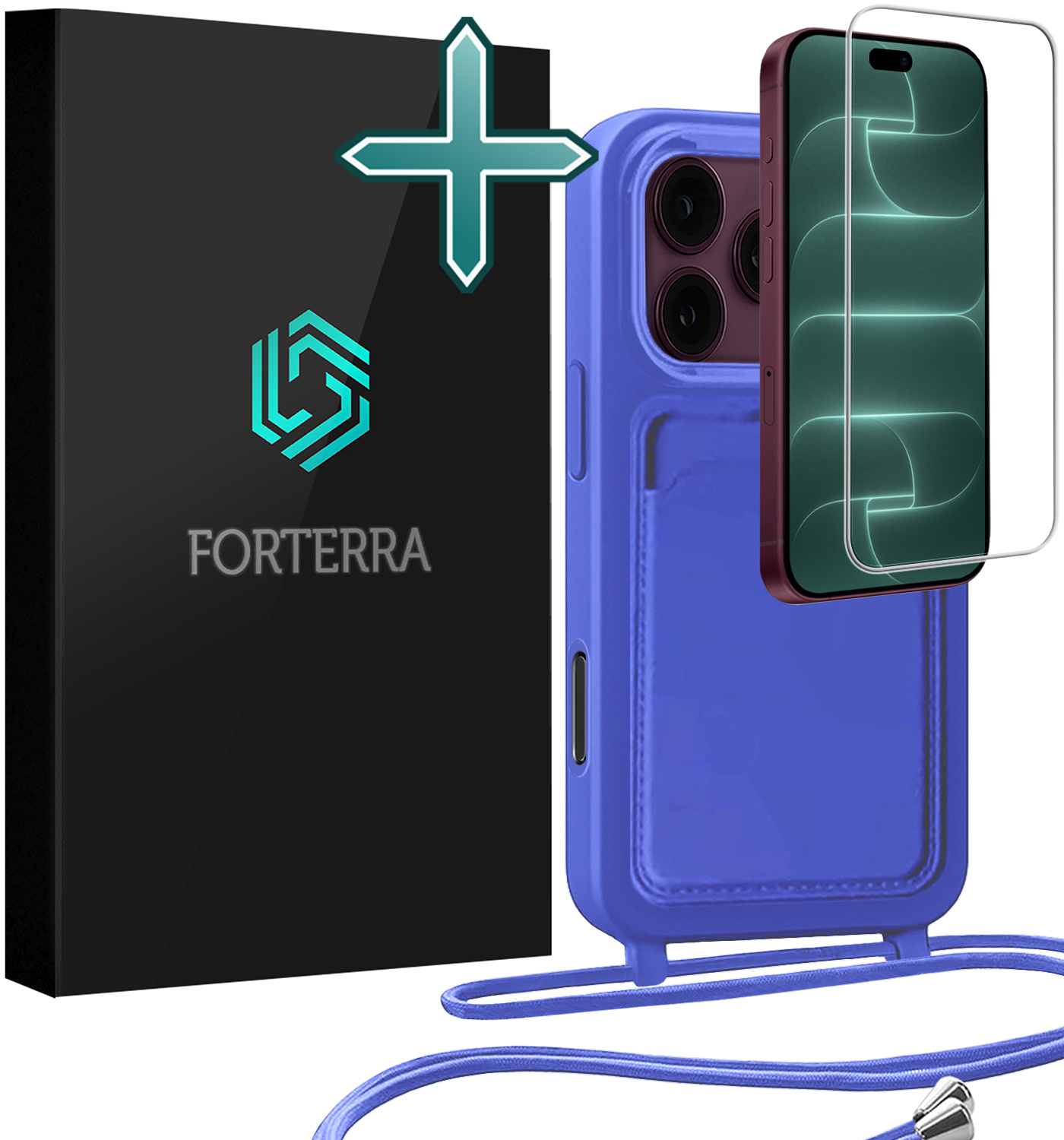 Forterra Forterra iPhone 18 Pro Max Hoesje Pashouder met Koord Met Screenprotector - Fel Blauw