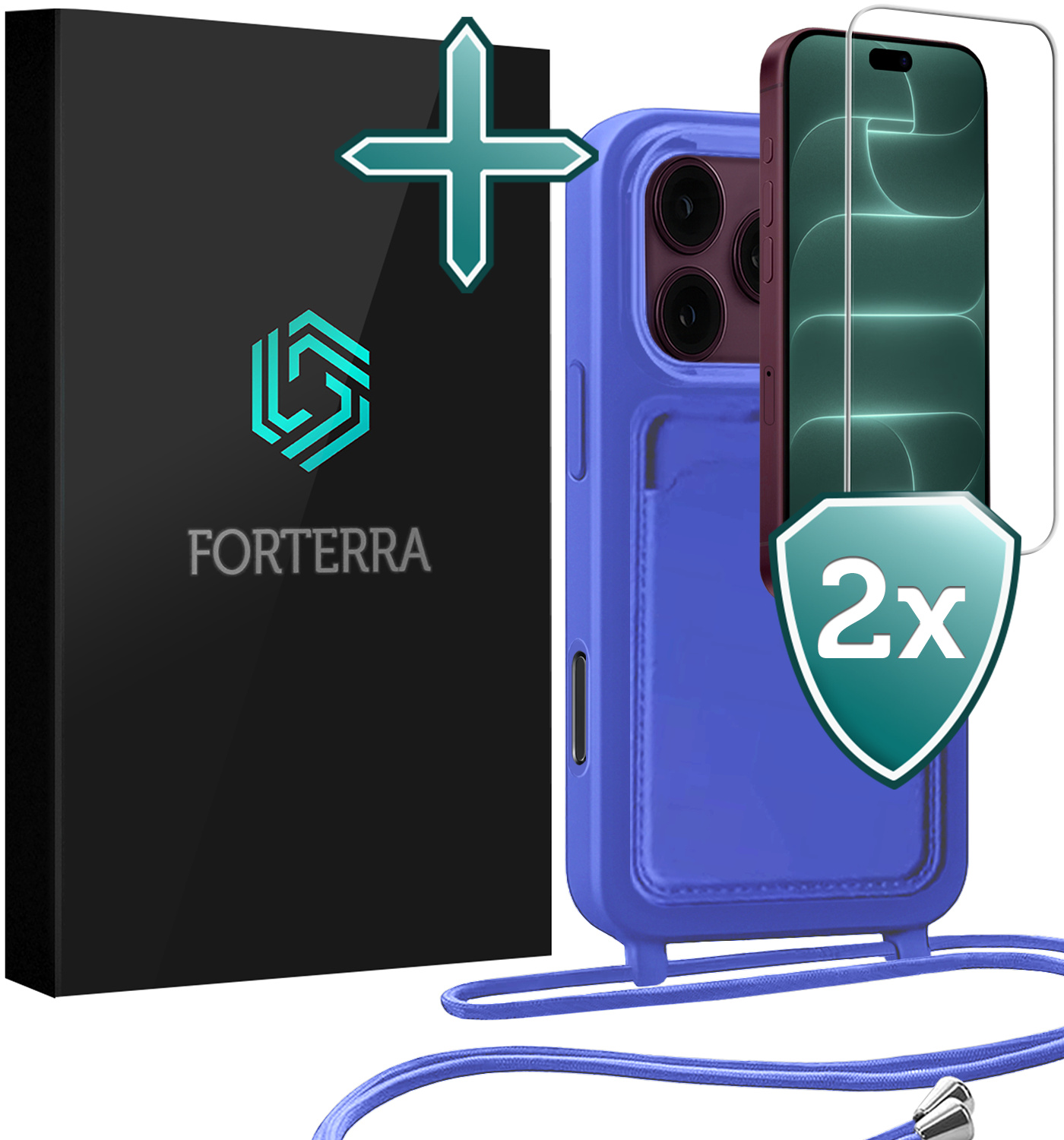 Forterra Forterra iPhone 18 Pro Max Hoesje Pashouder met Koord Met 2x Screenprotector - Fel Blauw
