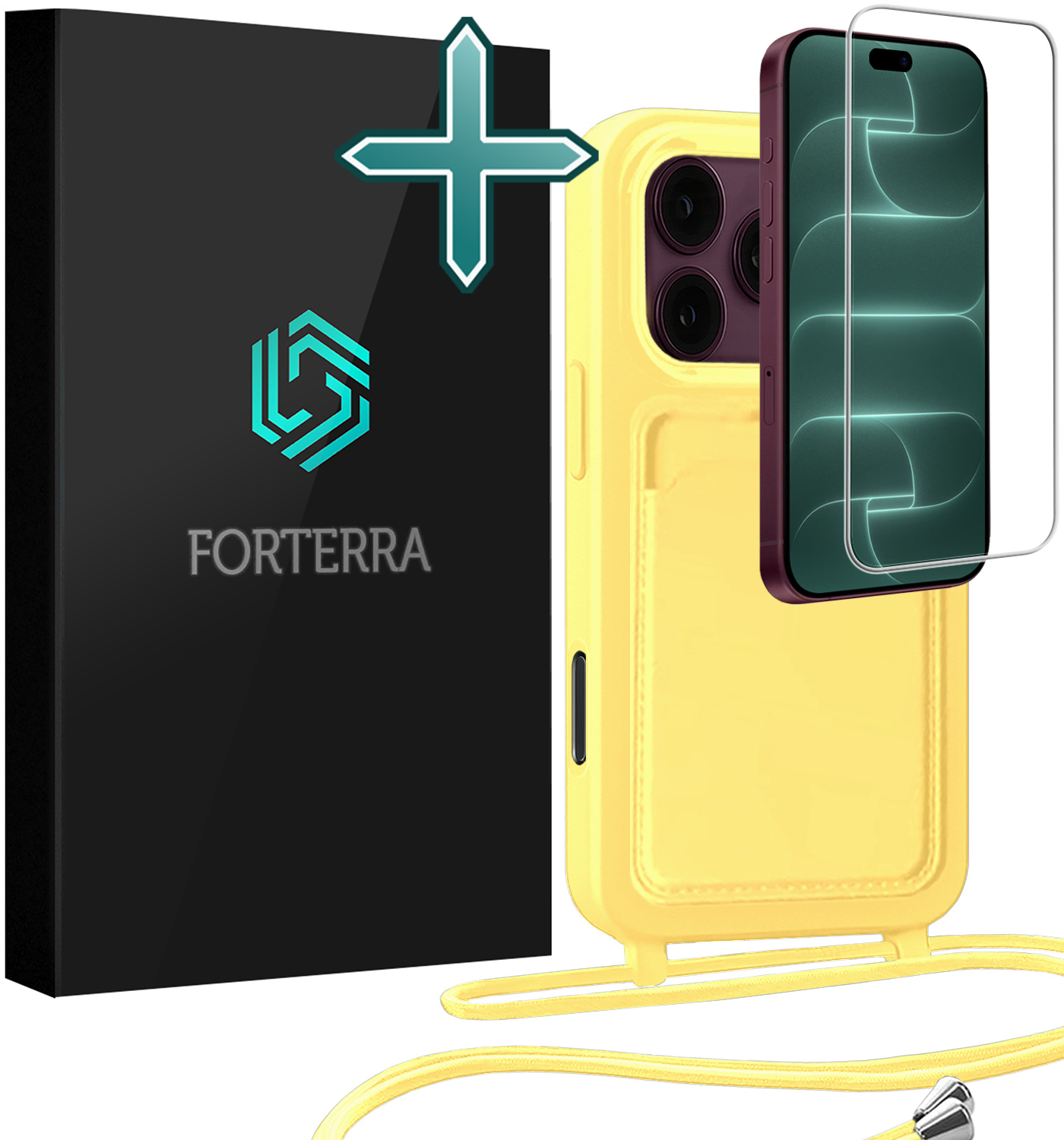 Forterra Forterra iPhone 18 Pro Max Hoesje Pashouder met Koord Met Screenprotector - Geel
