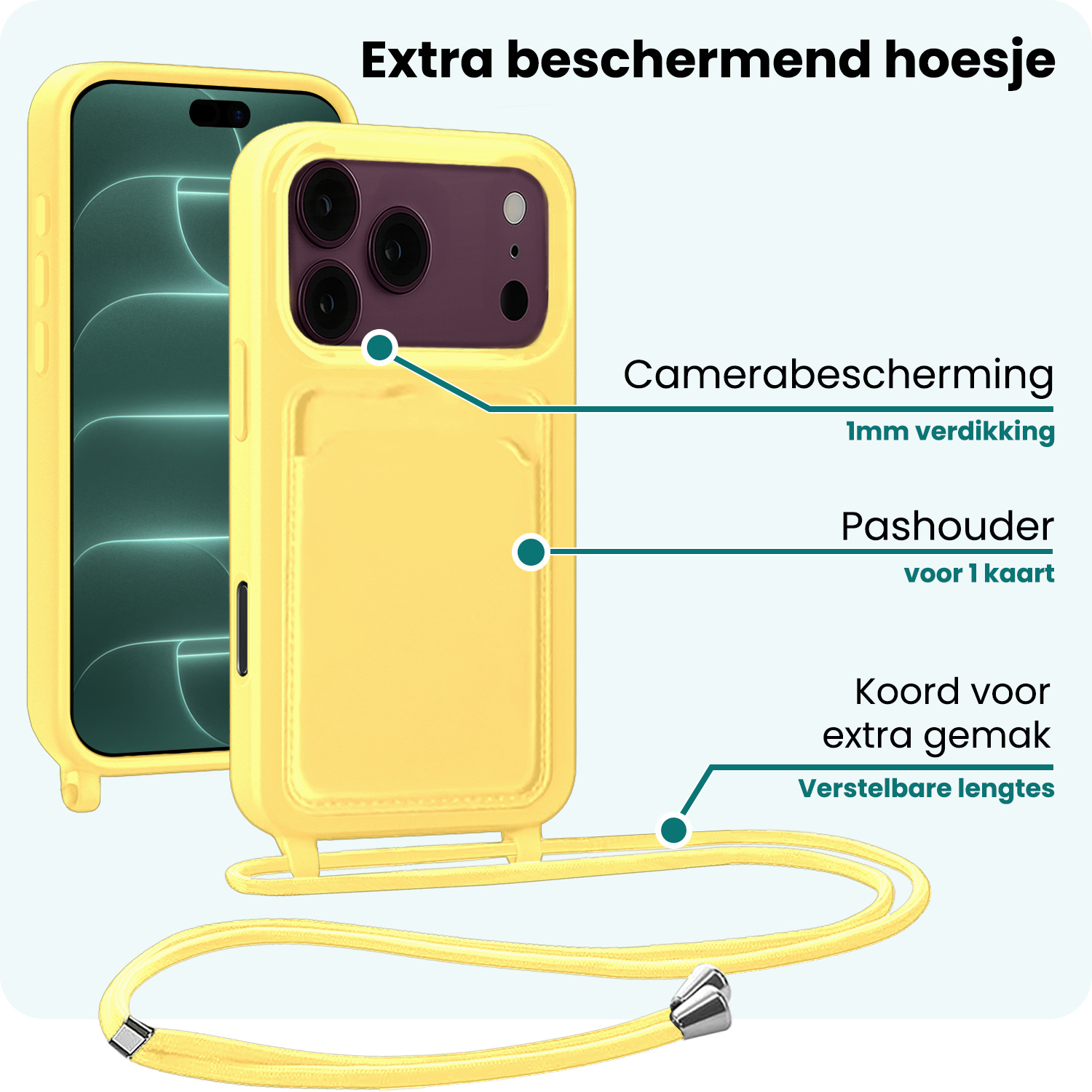 Forterra Forterra iPhone 18 Pro Max Hoesje Pashouder met Koord Met Screenprotector - Geel