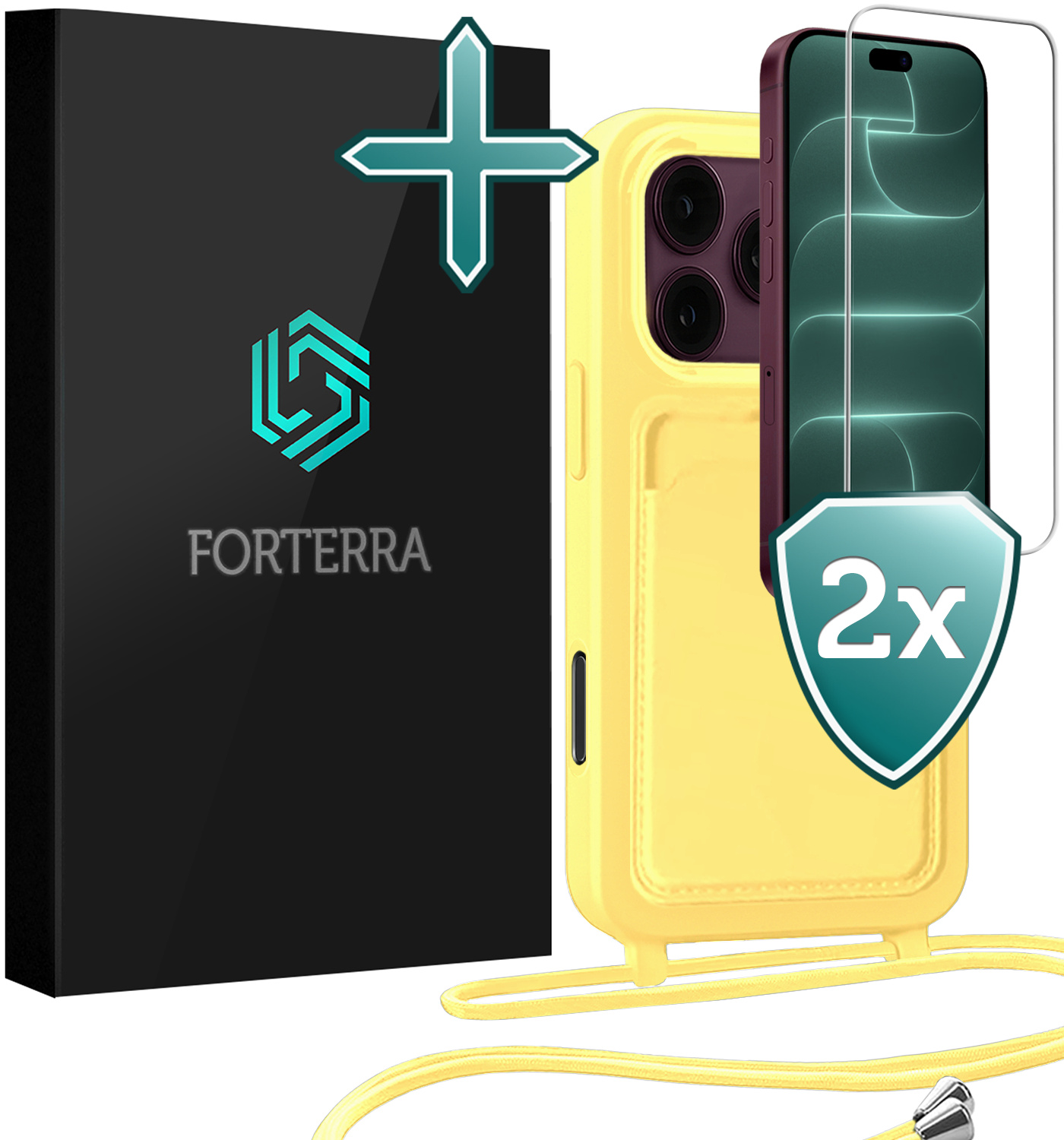 Forterra Forterra iPhone 18 Pro Max Hoesje Pashouder met Koord Met 2x Screenprotector - Geel