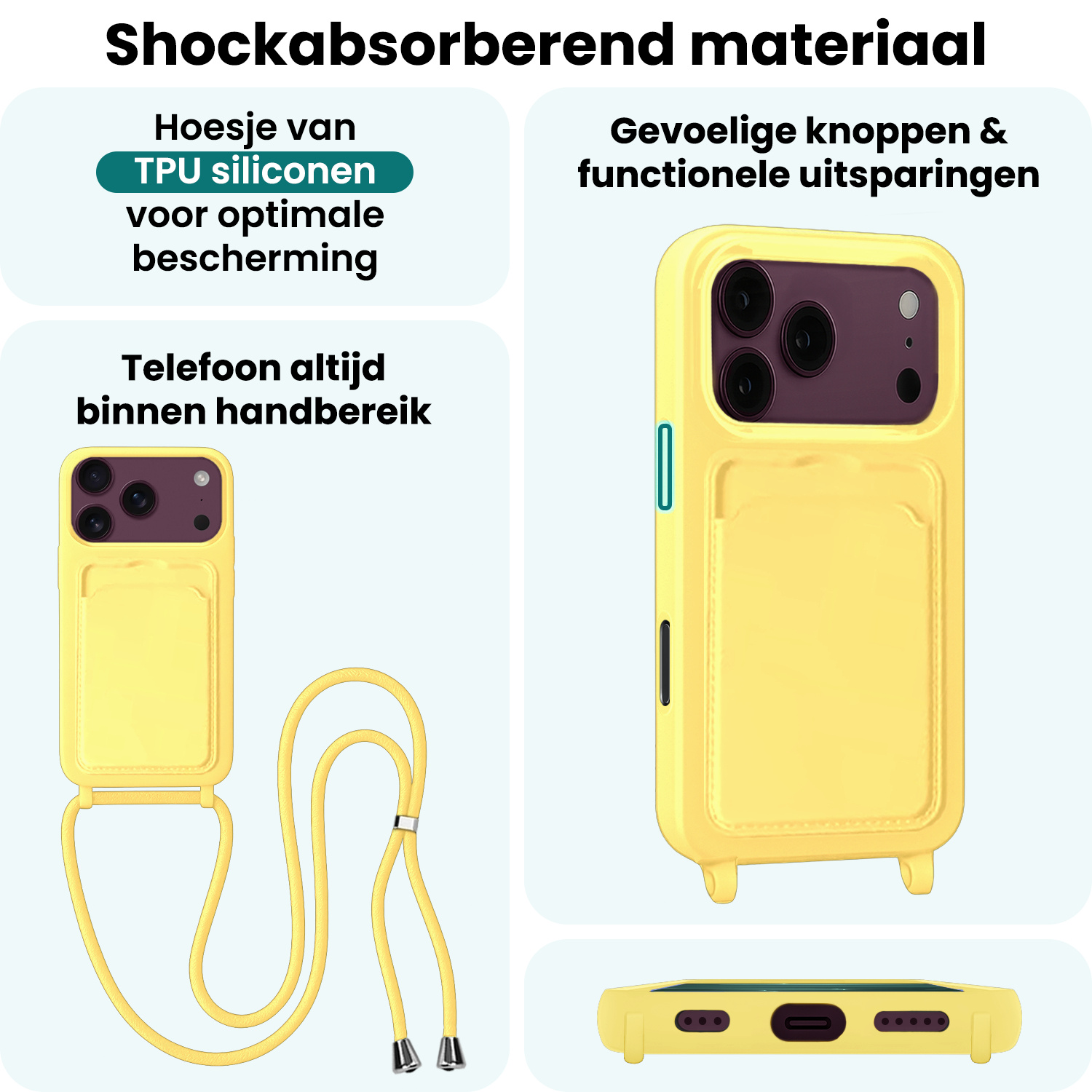 Forterra Forterra iPhone 18 Pro Max Hoesje Pashouder met Koord Met 2x Screenprotector - Geel