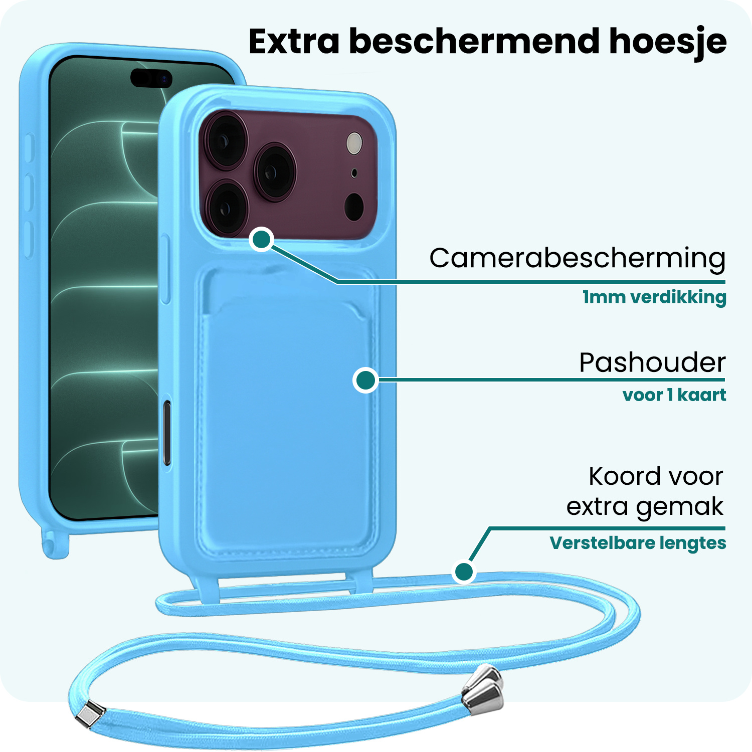 Forterra Forterra iPhone 18 Pro Max Hoesje Pashouder met Koord - Lichtblauw - 2 PACK