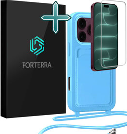 Forterra Forterra iPhone 18 Pro Max Hoesje Pashouder met Koord Met Screenprotector - Lichtblauw