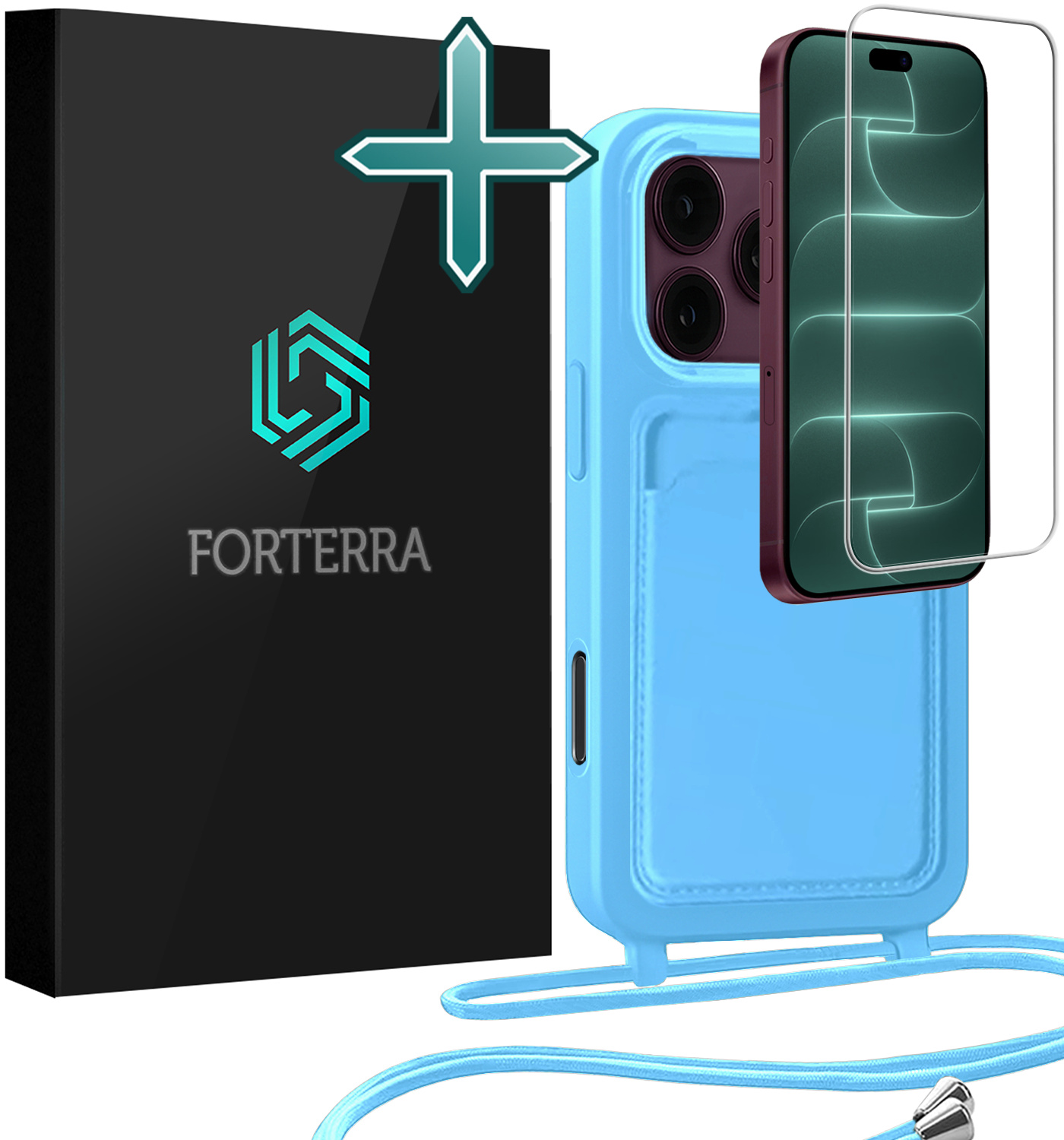 Forterra Forterra iPhone 18 Pro Max Hoesje Pashouder met Koord Met Screenprotector - Lichtblauw