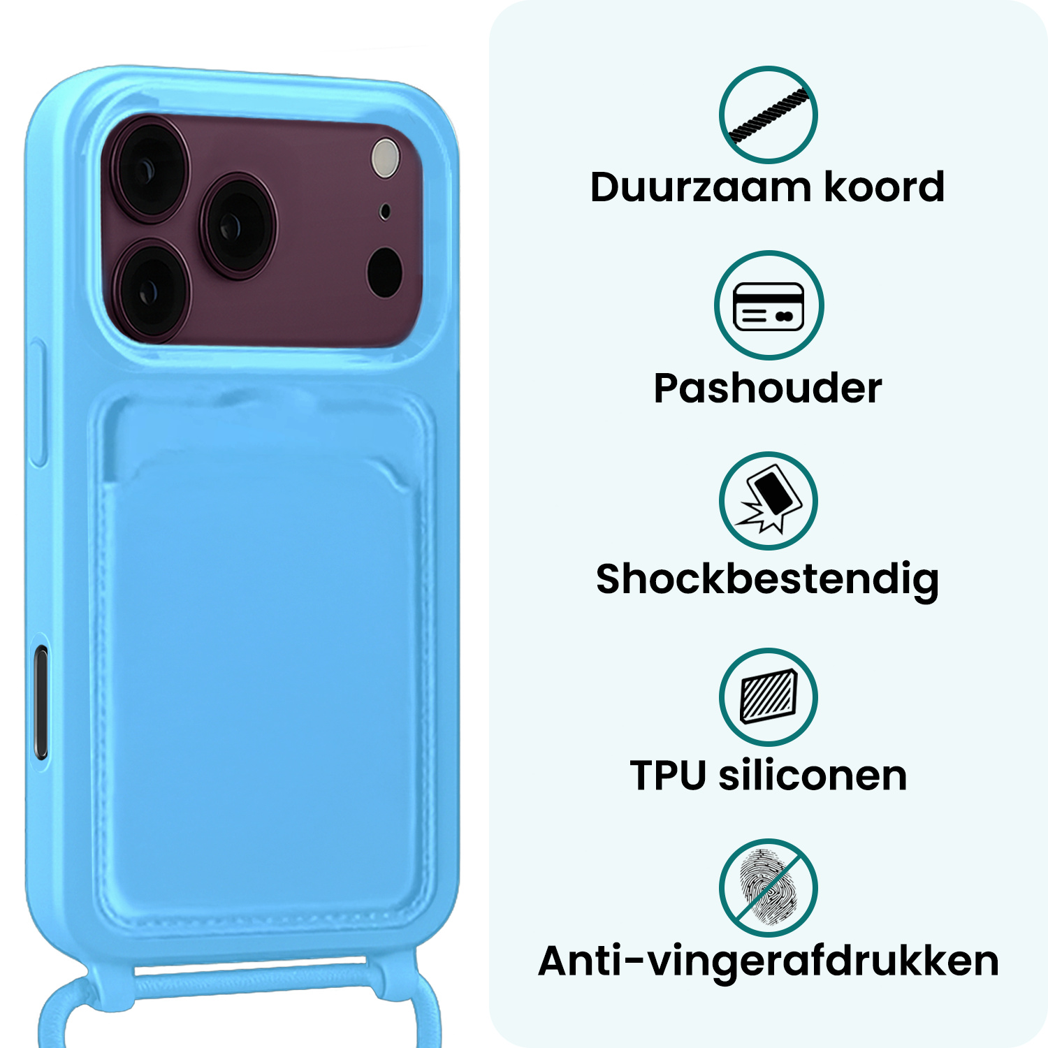 Forterra Forterra iPhone 18 Pro Max Hoesje Pashouder met Koord Met Screenprotector - Lichtblauw