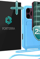 Forterra Forterra iPhone 18 Pro Max Hoesje Pashouder met Koord Met 2x Screenprotector - Lichtblauw
