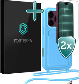 Forterra Forterra iPhone 18 Pro Max Hoesje Pashouder met Koord Met 2x Screenprotector - Lichtblauw
