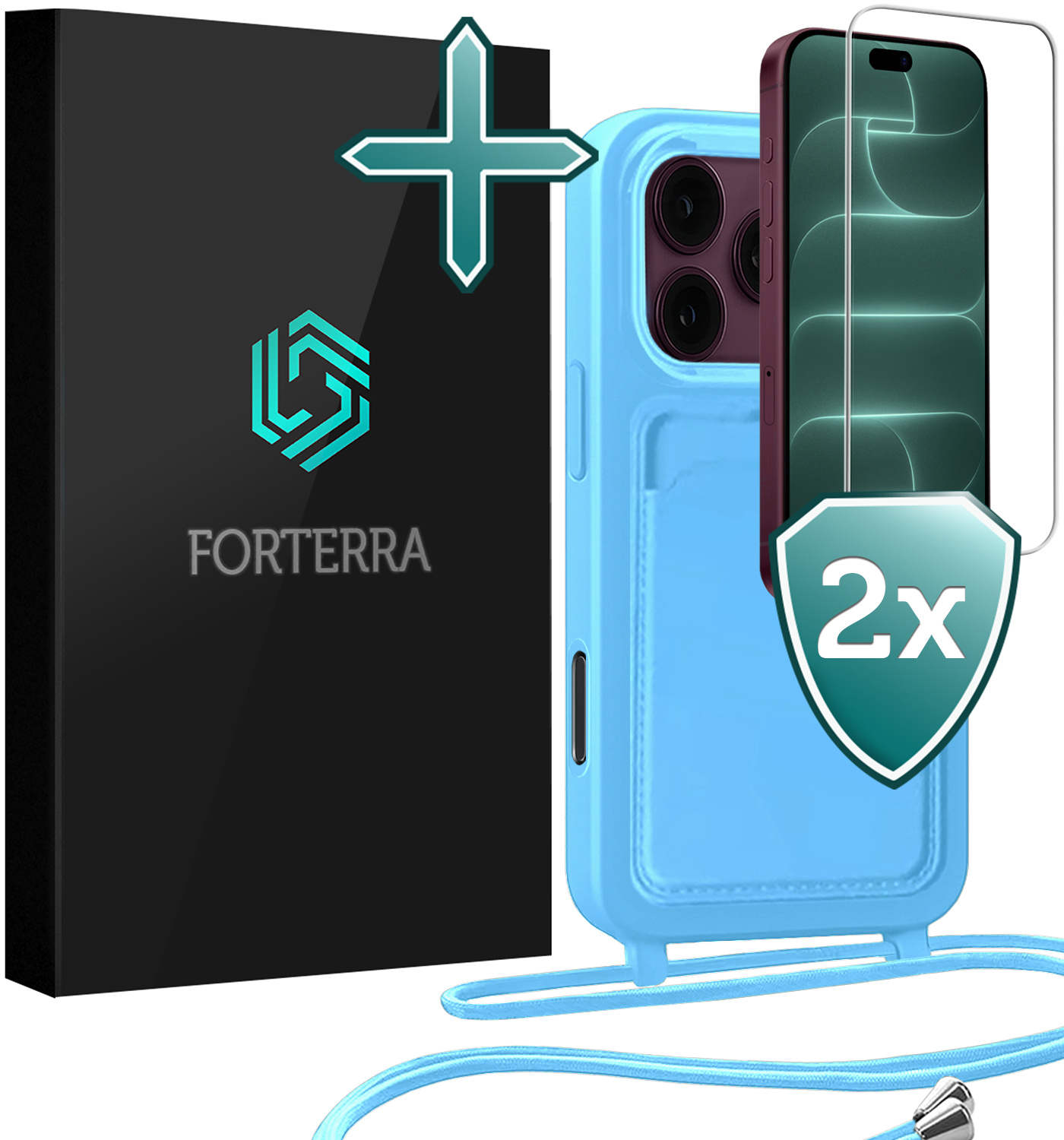 Forterra Forterra iPhone 18 Pro Max Hoesje Pashouder met Koord Met 2x Screenprotector - Lichtblauw