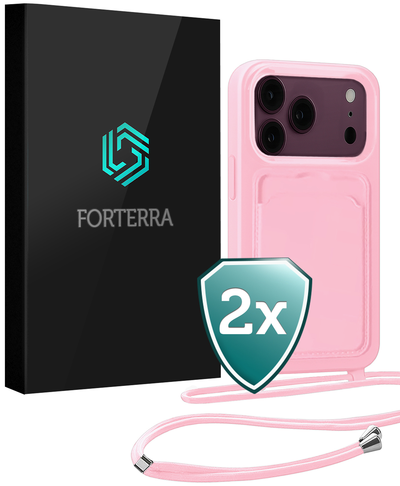 Forterra Forterra iPhone 18 Pro Max Hoesje Pashouder met Koord - Lichtroze - 2 PACK