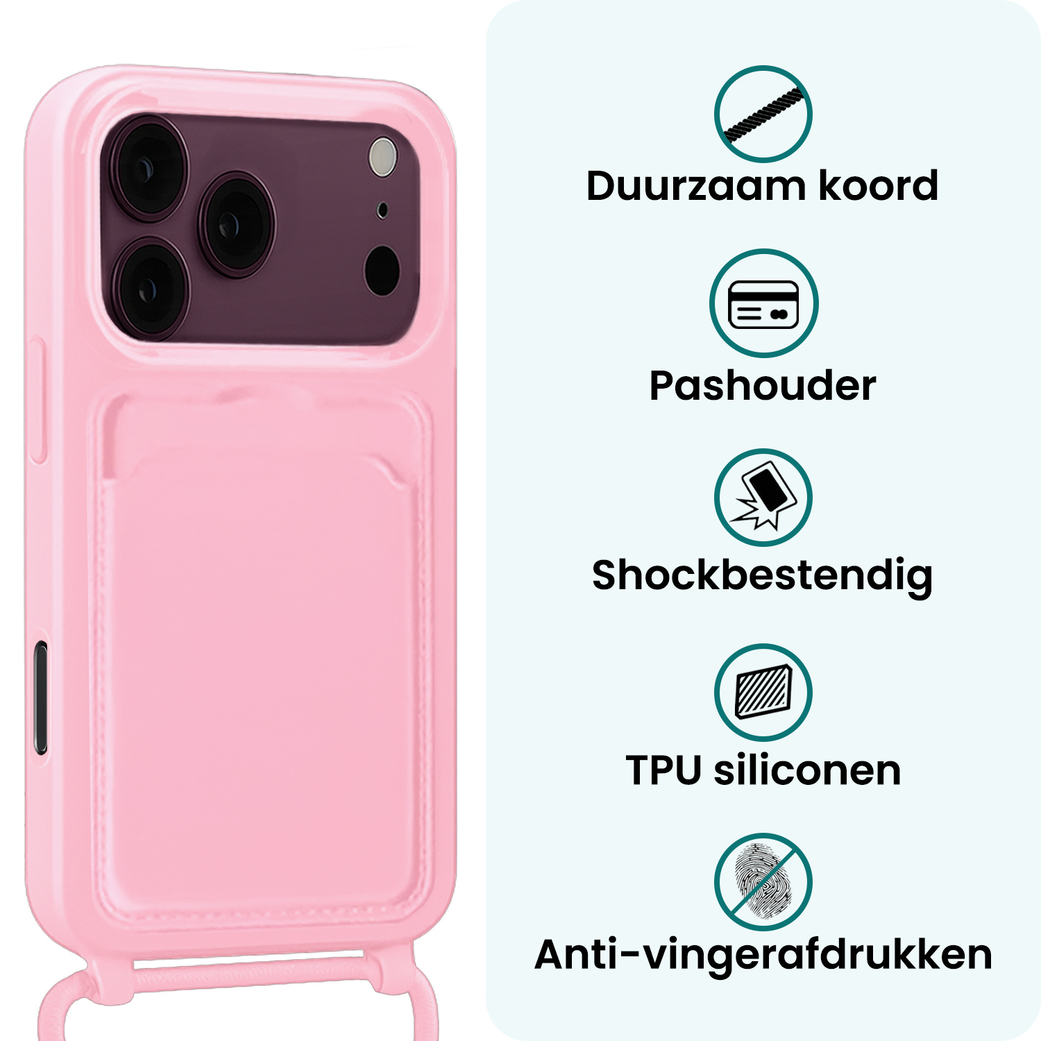 Forterra Forterra iPhone 18 Pro Max Hoesje Pashouder met Koord - Lichtroze - 2 PACK