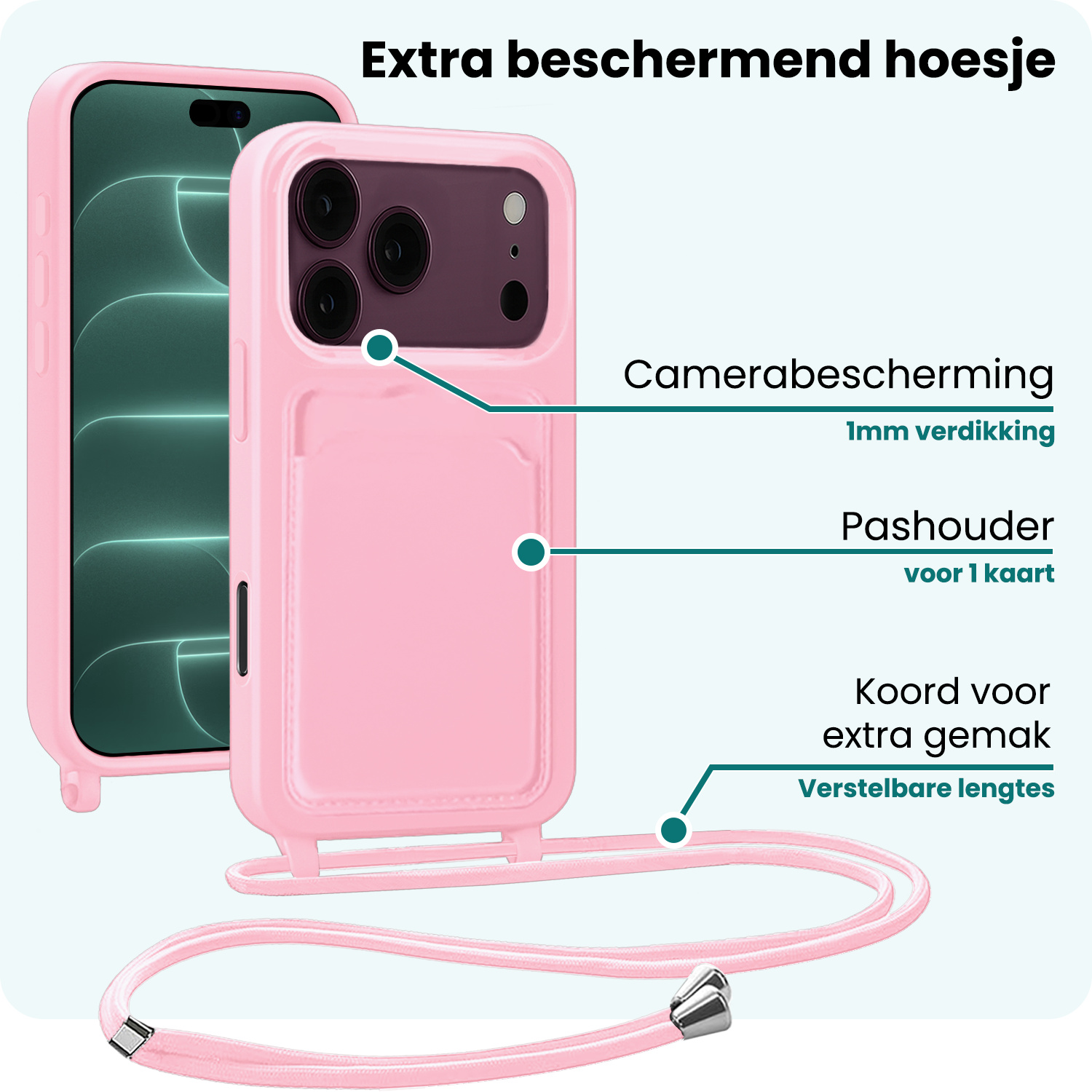 Forterra Forterra iPhone 18 Pro Max Hoesje Pashouder met Koord - Lichtroze - 2 PACK