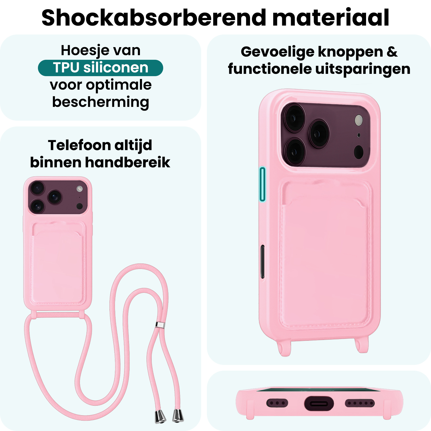 Forterra Forterra iPhone 18 Pro Max Hoesje Pashouder met Koord - Lichtroze - 2 PACK
