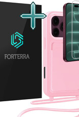 Forterra Forterra iPhone 18 Pro Max Hoesje Pashouder met Koord Met Screenprotector - Lichtroze