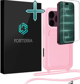 Forterra Forterra iPhone 18 Pro Max Hoesje Pashouder met Koord Met Screenprotector - Lichtroze