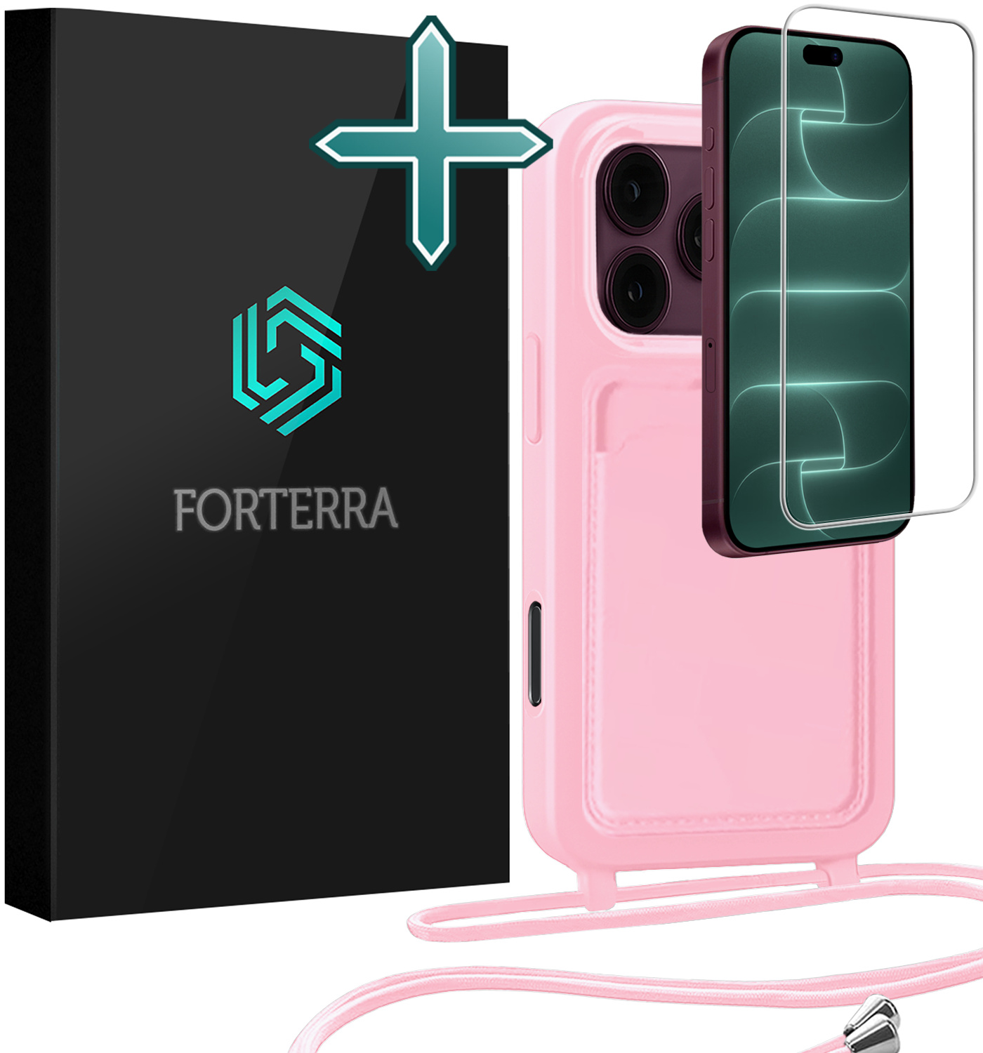Forterra Forterra iPhone 18 Pro Max Hoesje Pashouder met Koord Met Screenprotector - Lichtroze