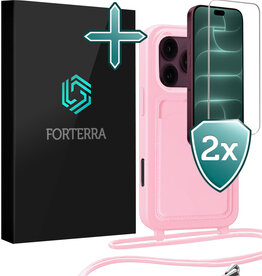 Forterra Forterra iPhone 18 Pro Max Hoesje Pashouder met Koord Met 2x Screenprotector - Lichtroze