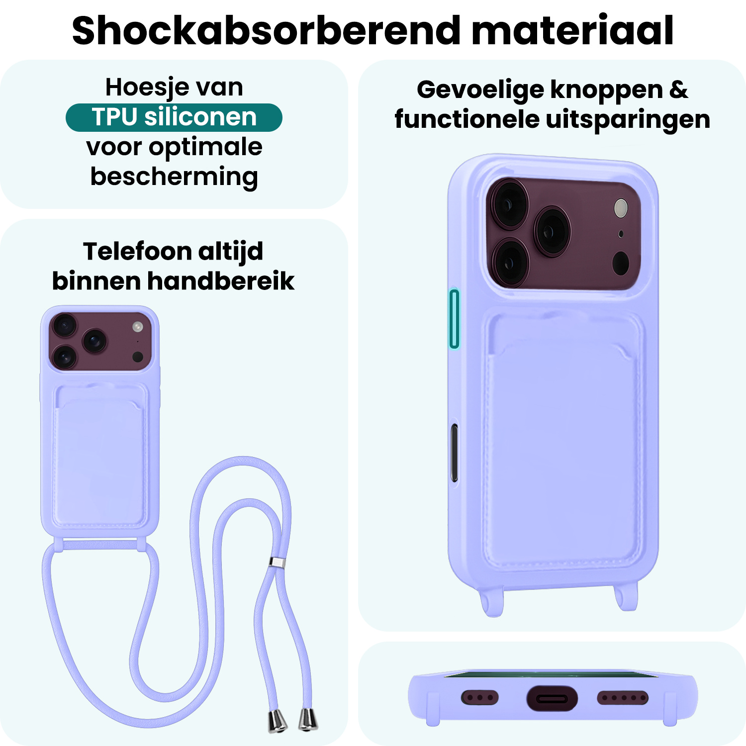 Forterra Forterra iPhone 18 Pro Max Hoesje Pashouder met Koord - Lila - 2 PACK