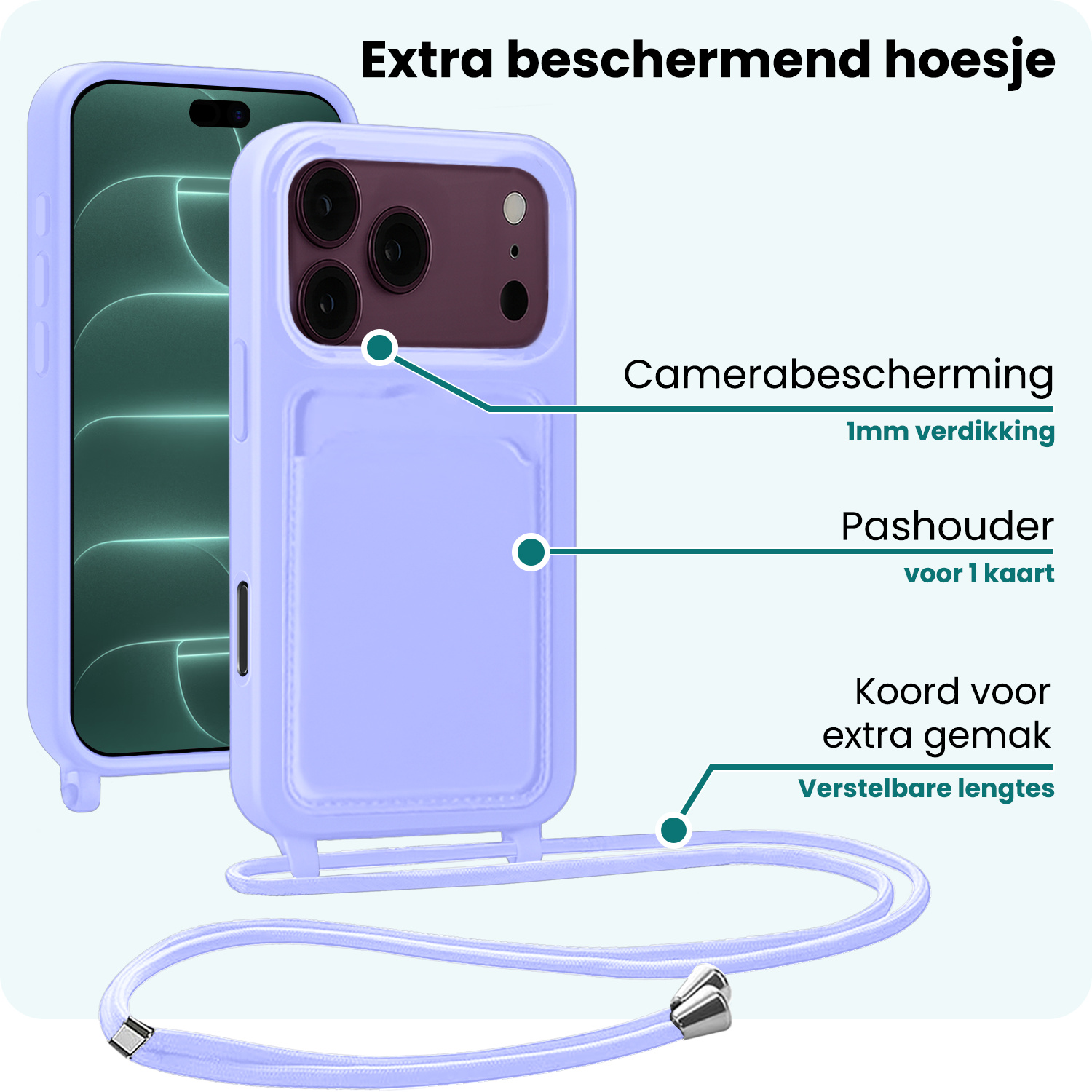 Forterra Forterra iPhone 18 Pro Max Hoesje Pashouder met Koord Met Screenprotector - Lila