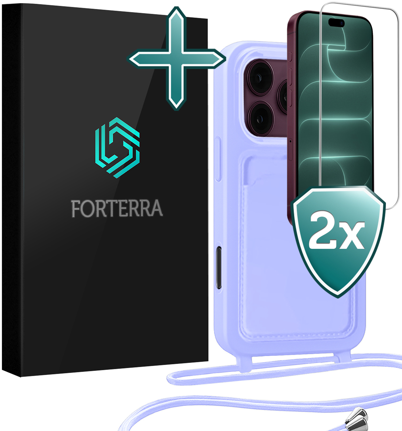 Forterra Forterra iPhone 18 Pro Max Hoesje Pashouder met Koord Met 2x Screenprotector - Lila