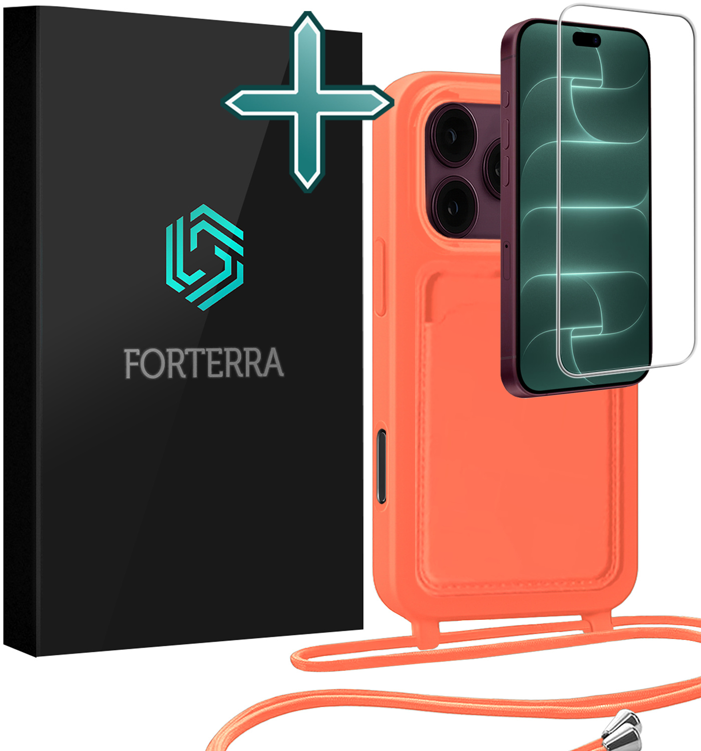 Forterra Forterra iPhone 18 Pro Max Hoesje Pashouder met Koord Met Screenprotector - Papaya