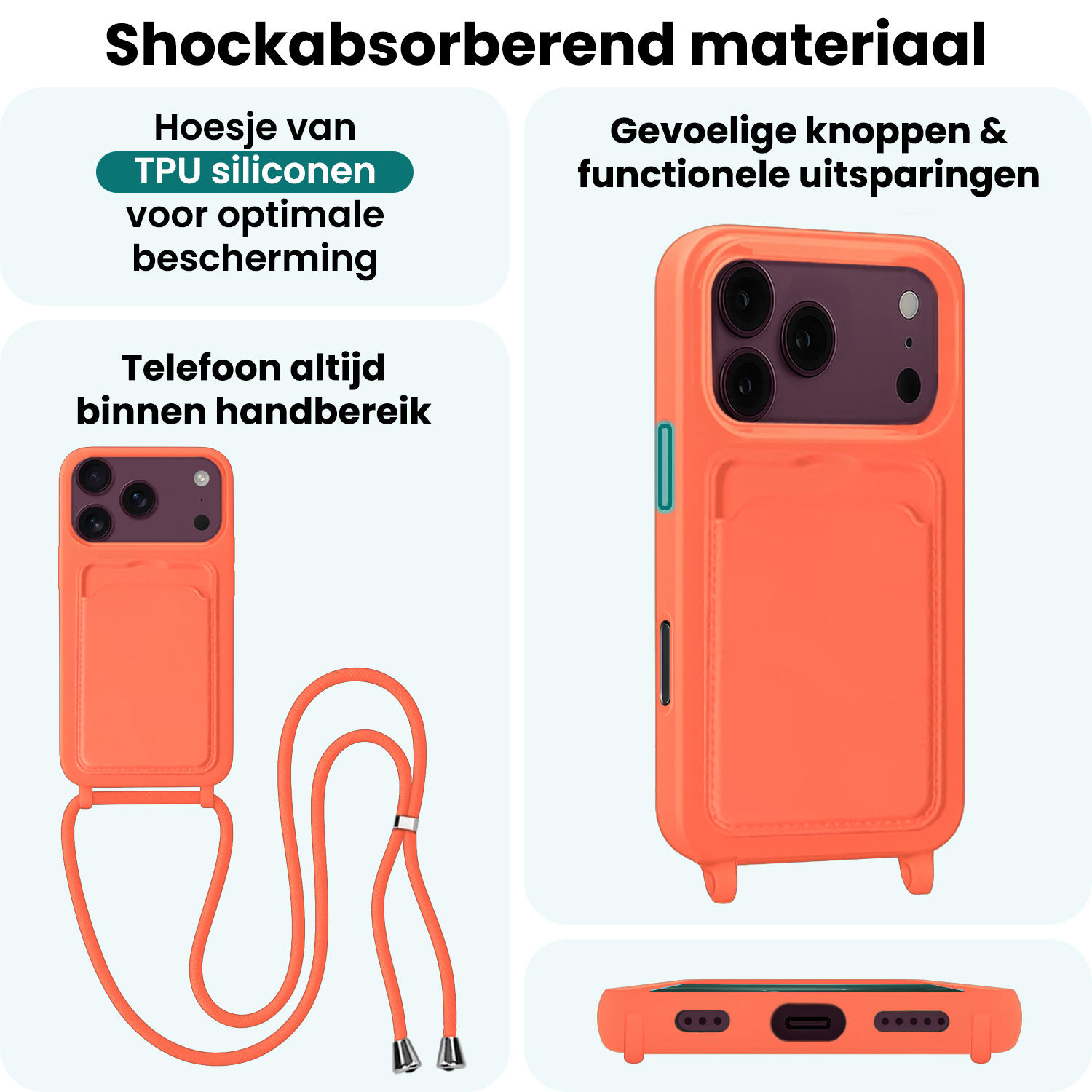 Forterra Forterra iPhone 18 Pro Max Hoesje Pashouder met Koord Met Screenprotector - Papaya
