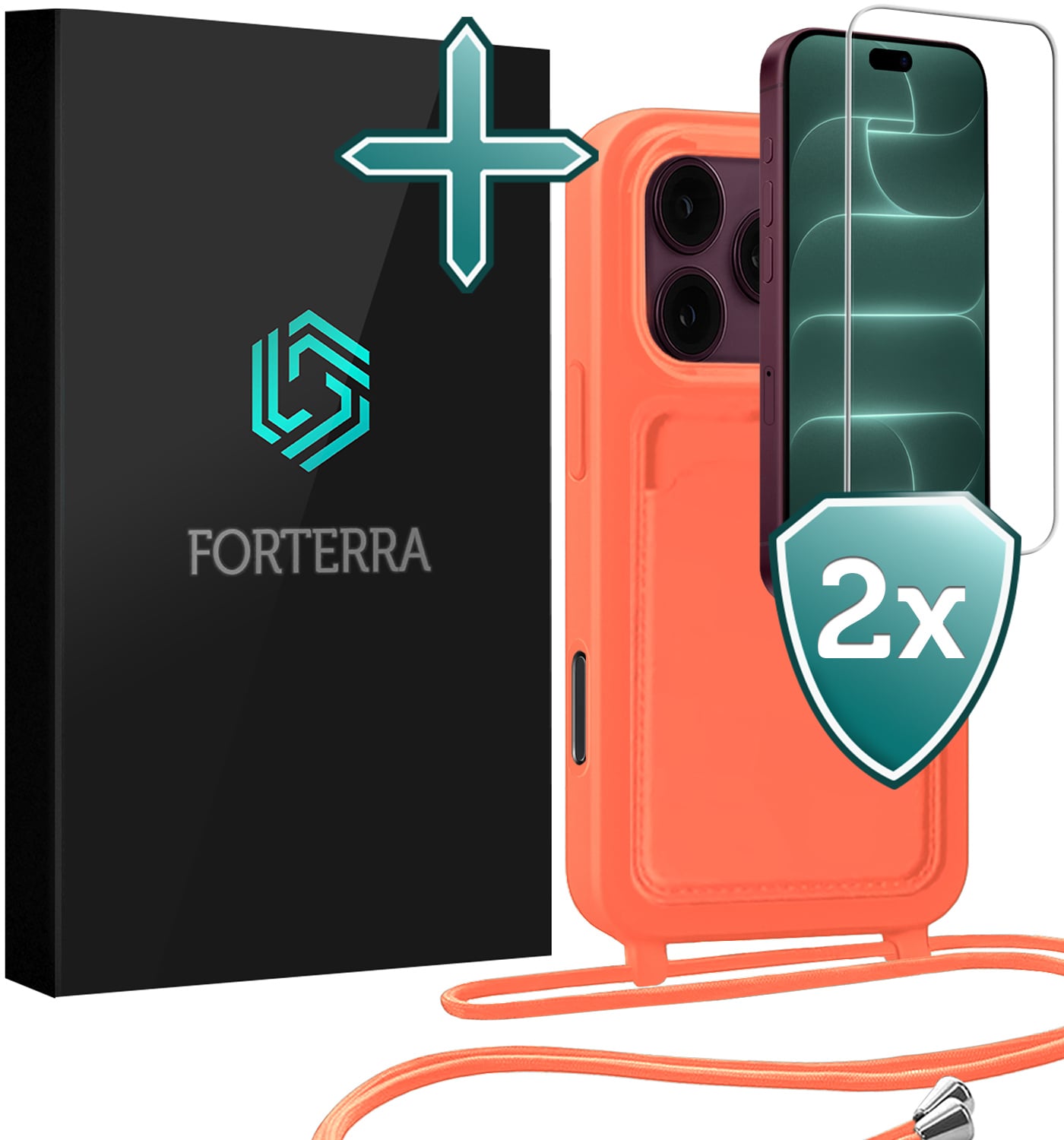 Forterra Forterra iPhone 18 Pro Max Hoesje Pashouder met Koord Met 2x Screenprotector - Papaya
